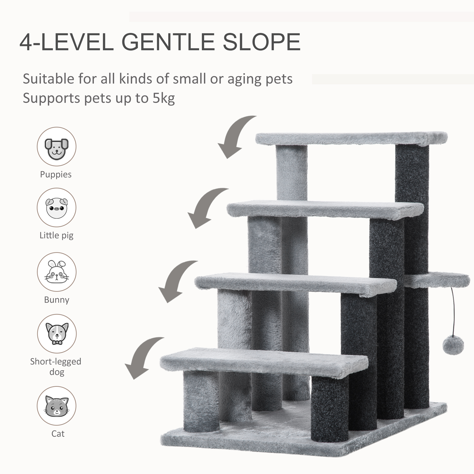 4-step Pet Stairs With Scratching Posts,Platforms,Toy Ball,Grey detail photo 7