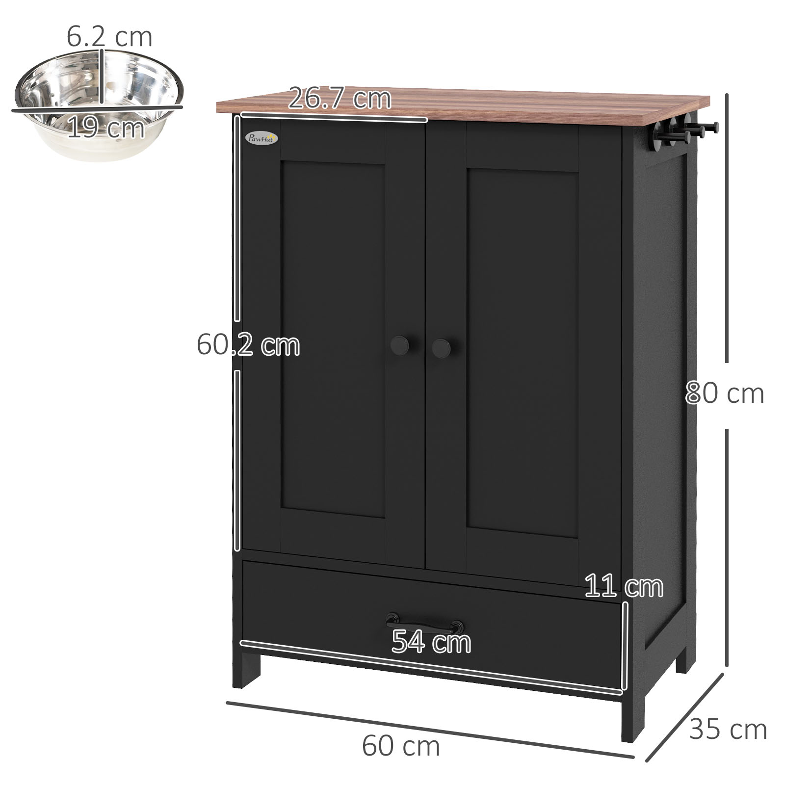 Pet Feeding Station With Raised Dog Bowls,Adjustable Panel,Hooks,Black detail photo 1
