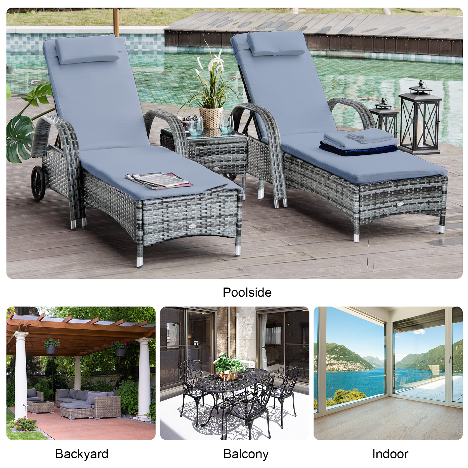 2 Seater Rattan Sun Lounger Set With Side Table-Grey