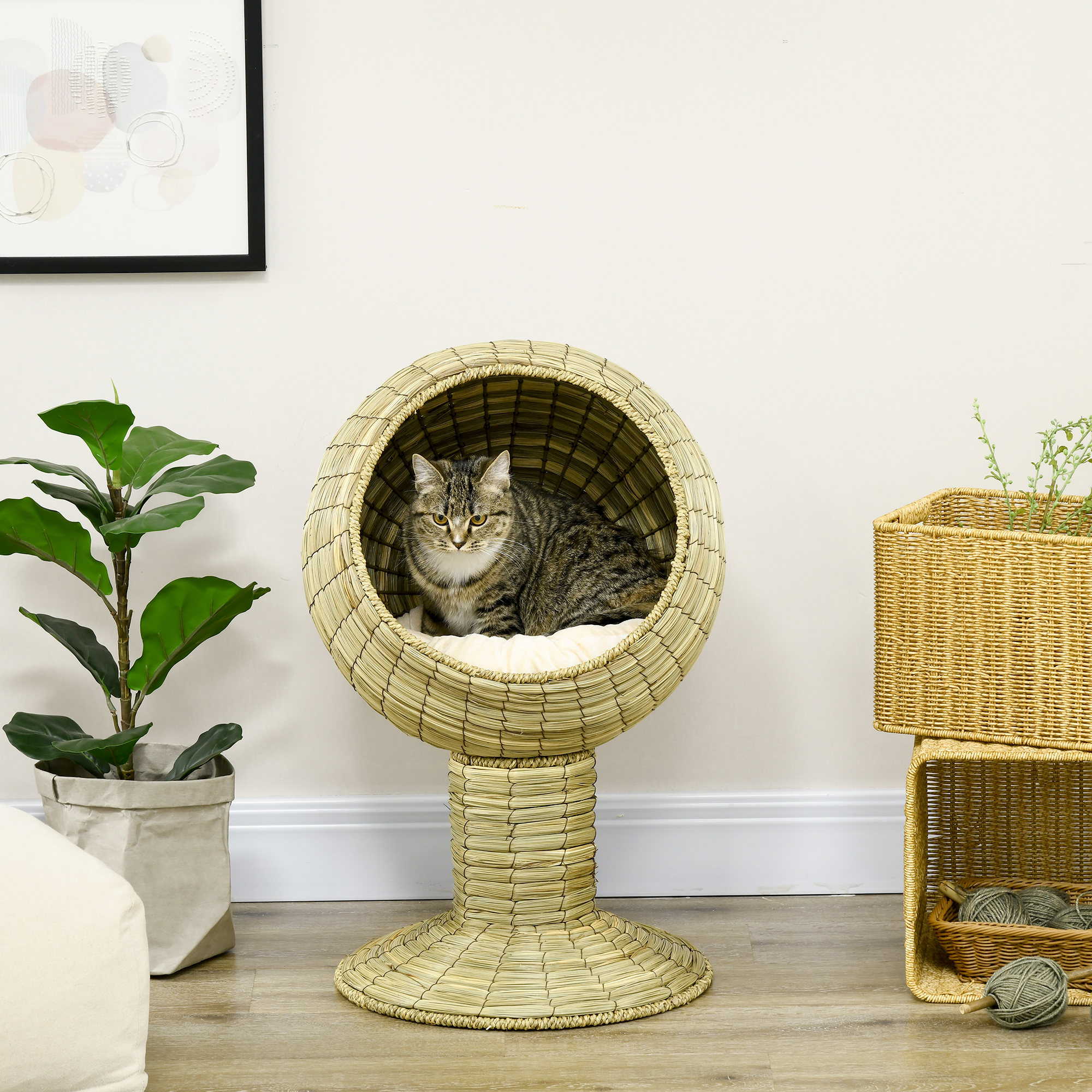 Raised Detachable Cat House,Natural Mat Grass Bed,with Cushion
