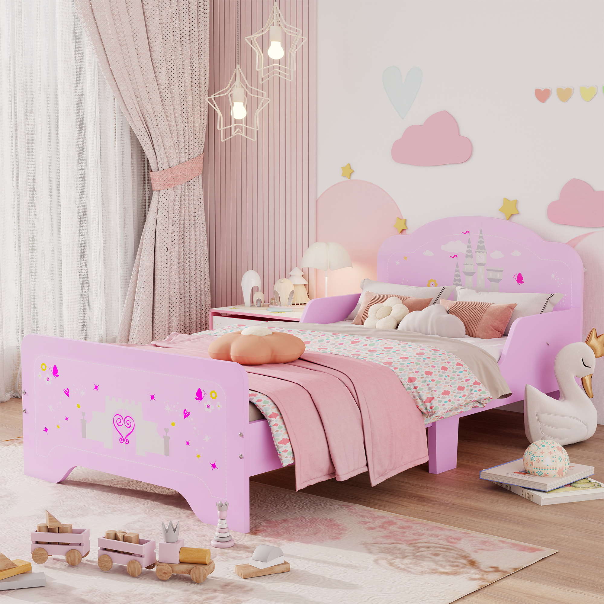 Kids Bed Princess Castle Theme W/ Side Rails Slats Home Furniture For 3-6 Yrs — image 3