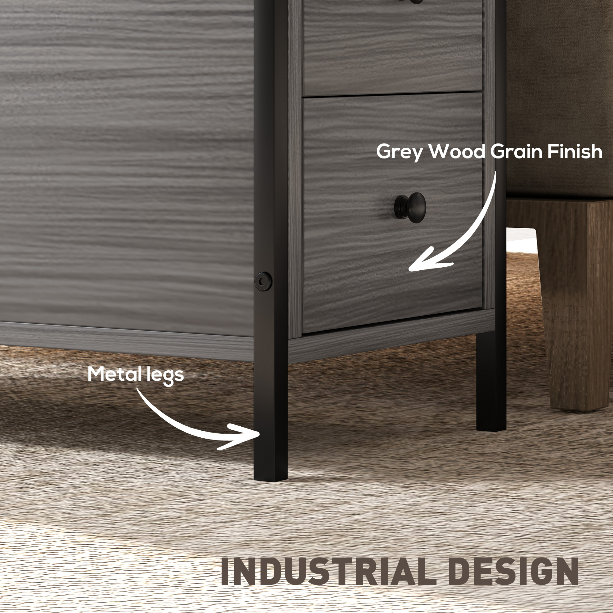 Side Table,Narrow Bedside Table With 2 Drawers And Storage Shelf,Industrial End — image 3
