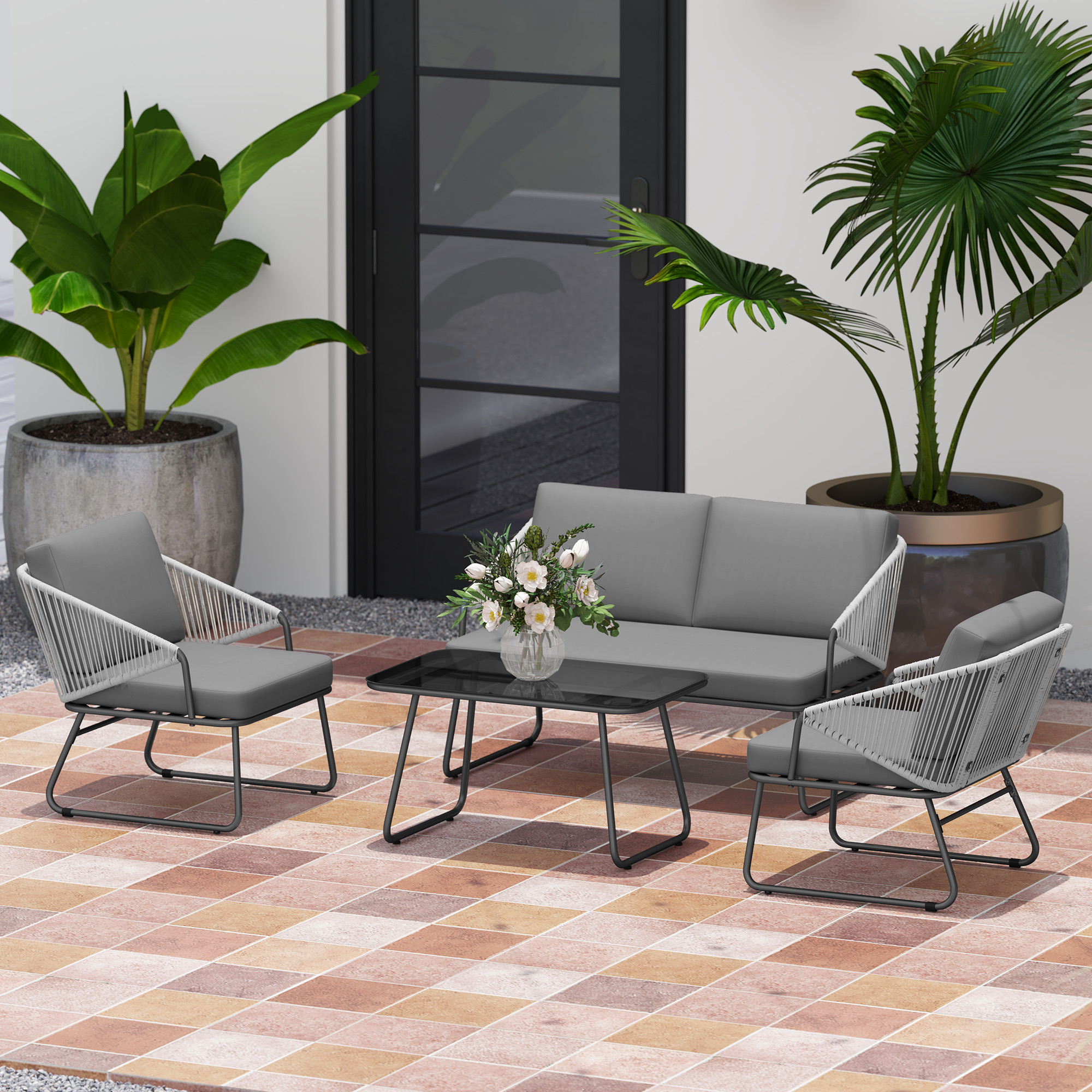Four-Piece Rattan Strong Panel Outdoor Sofa Set-Grey