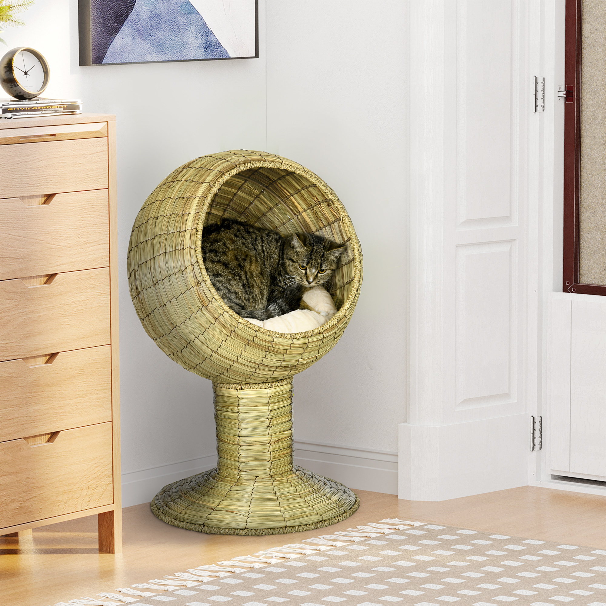 Raised Detachable Cat House,Natural Mat Grass Cat Bed,with Cushion detail photo 9
