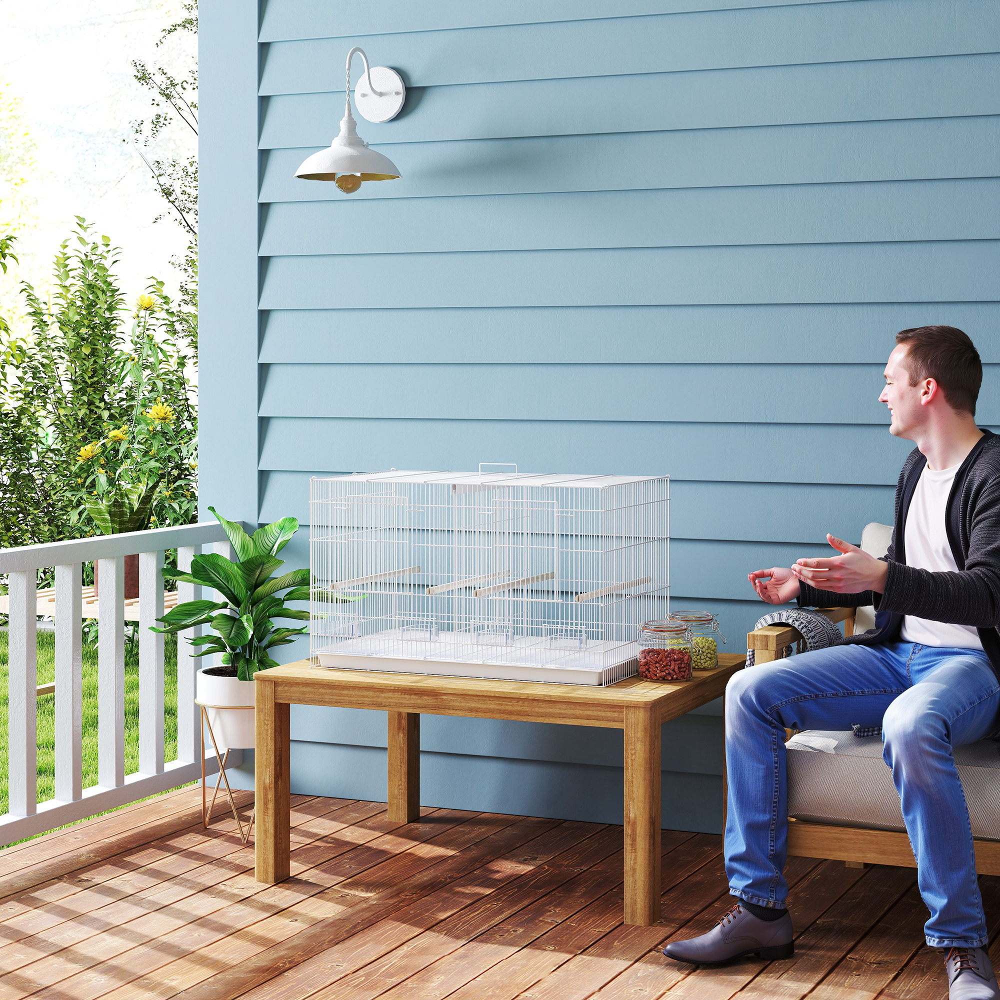 Bird Cage With Divider,4 Wooden Perches,Slide Out Tray,4 Feeders,for Budgie,Lovebird,Canary,76 X 46 X 46cm,White detail photo 2