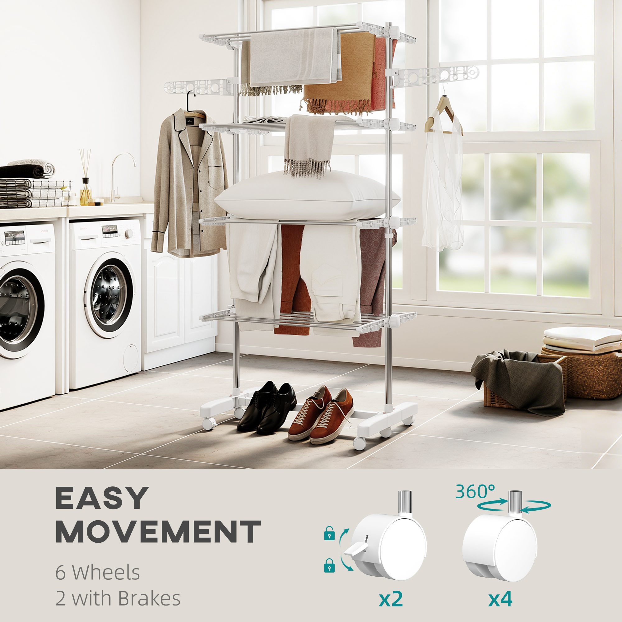 Four-Shelf Collapsing Clothes Horse,With Side Arms And Wheels-White — image 3