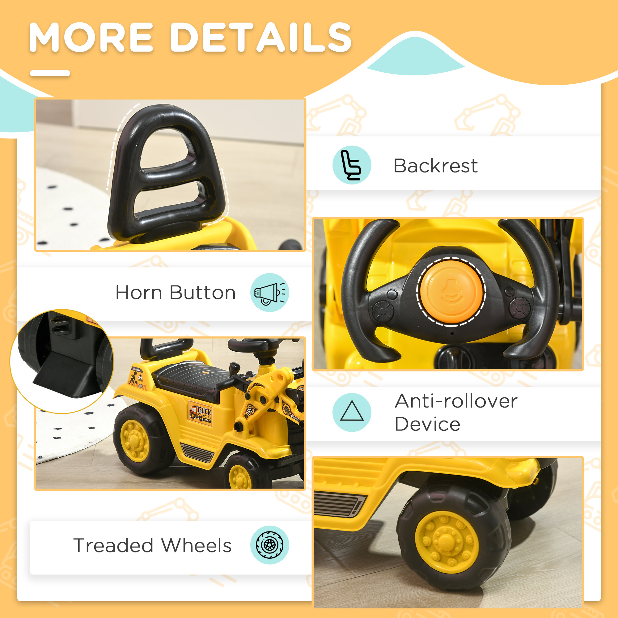 NO POWER 3 In 1 Ride On Toy Bulldozer Toddler Digger Excavator Scooter Storage — image 5