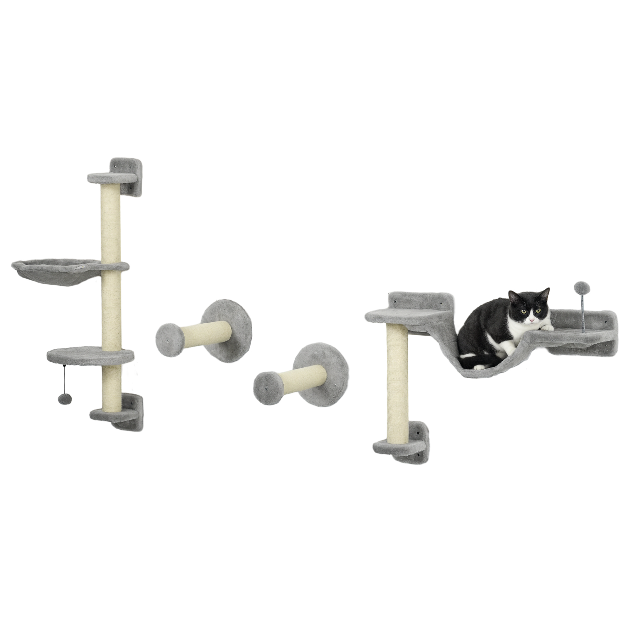 Four-Piece Cat Wall Furniture With Hammock,Perches,Ladder,Scratching Post,Grey
