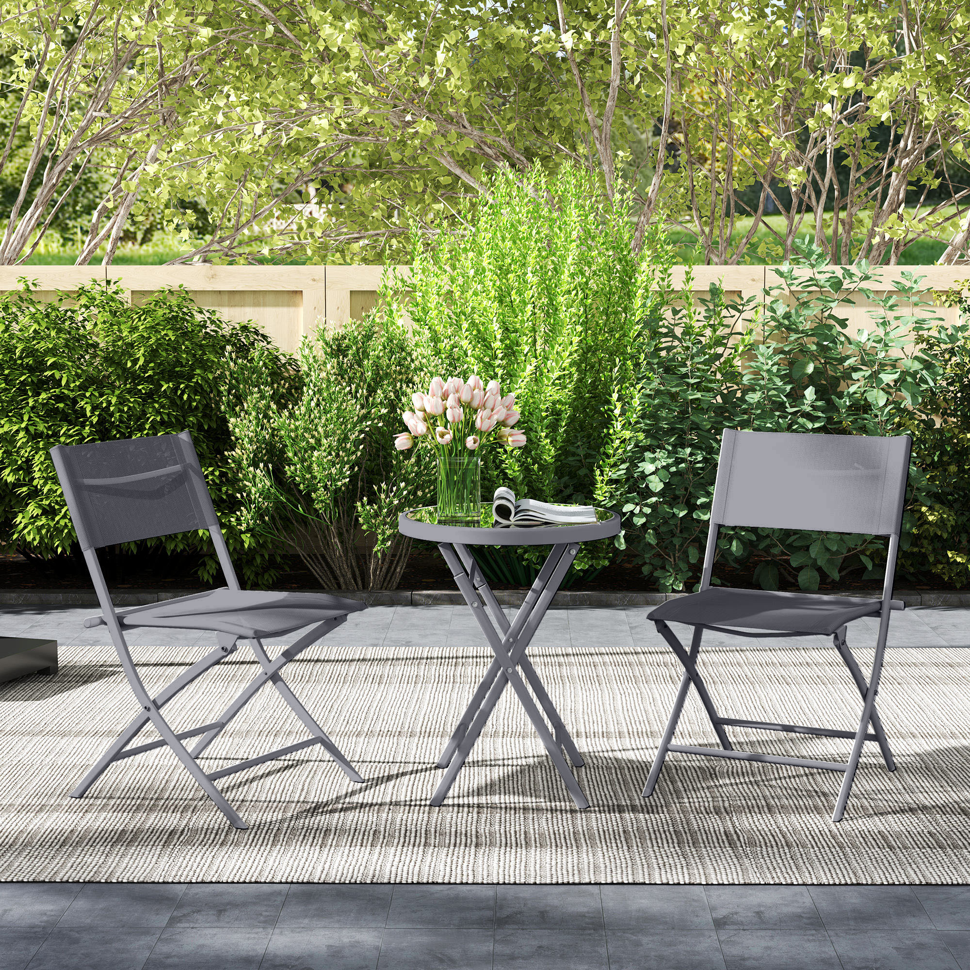 3 Pieces Outdoor Bistro Set,Glass Top Table And 2 Folding Chairs — image 2