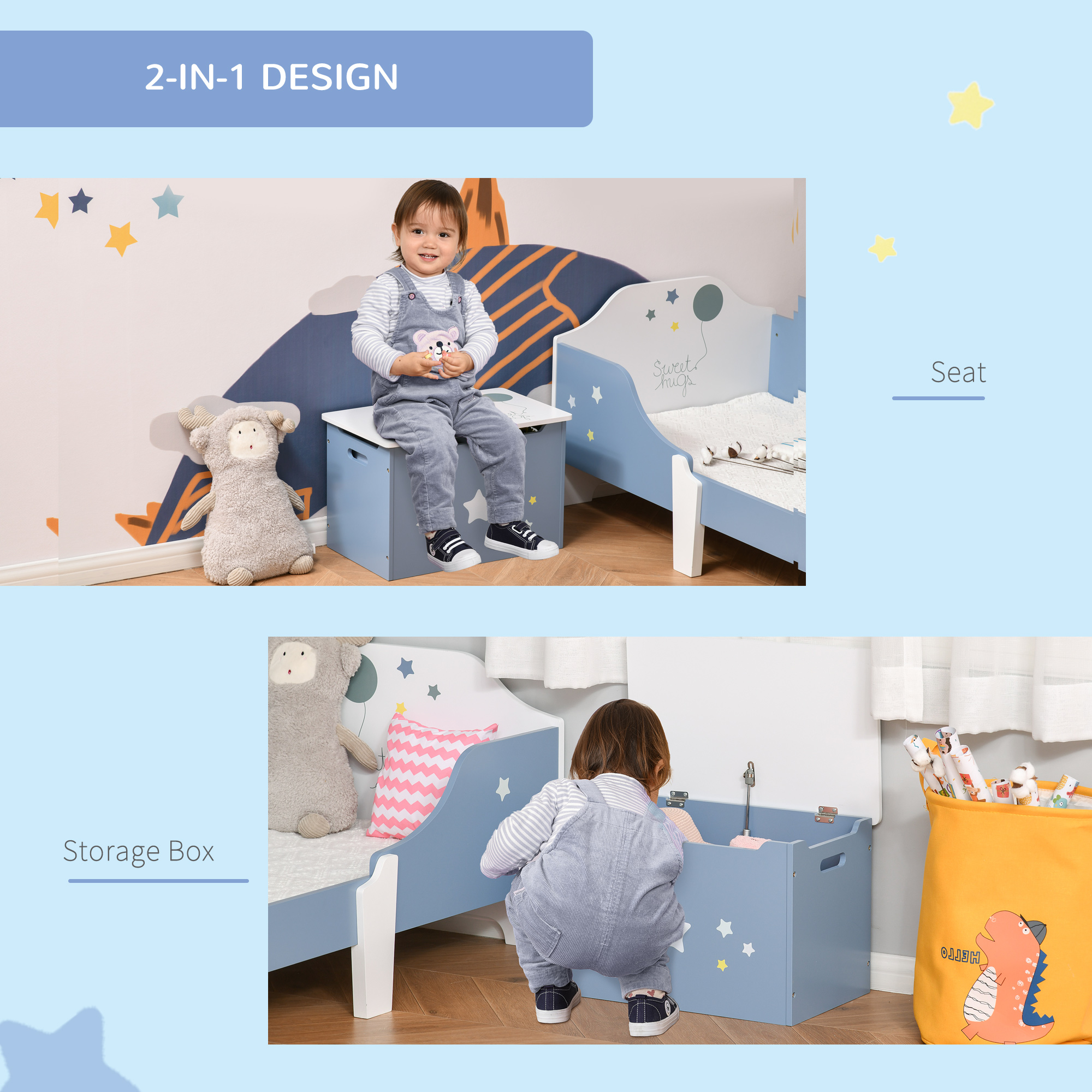 Kids Wooden Toy Box Children Storage Chest Organiser Side Handle Safety Hinge — image 5