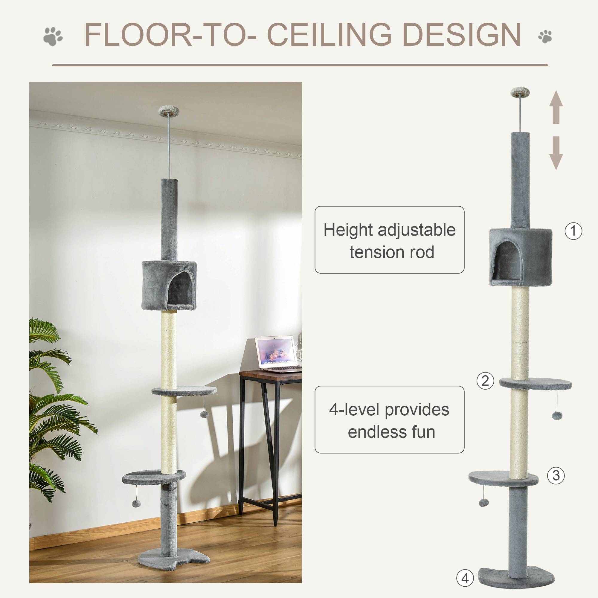Floor To Ceiling Cat Tree For Indoor Cats,Kitten Tower,Condo,Multi-Layer — image 4