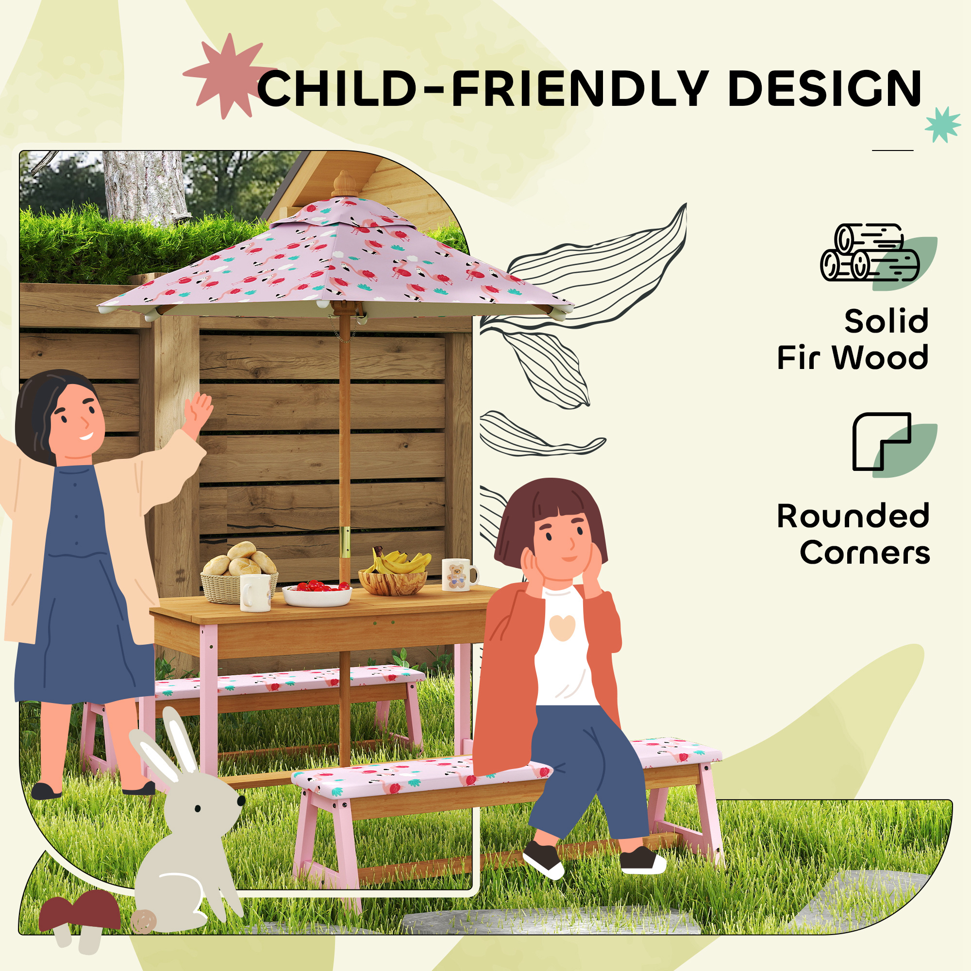Kids Picnic Table Set With Removable & Foldable Umbrella,Storage Boxes,Flamingo — image 3
