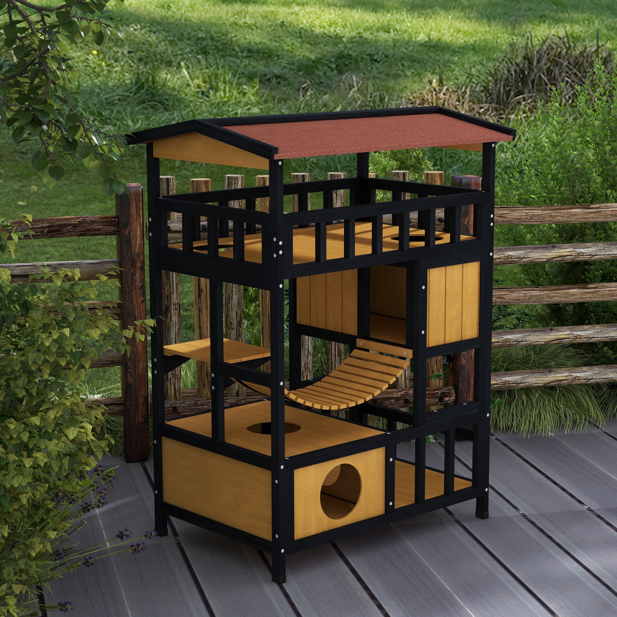 Outdoor Cat Shelter,Four-Tier Wooden Feral House,with Suspension Bridge,Cat
