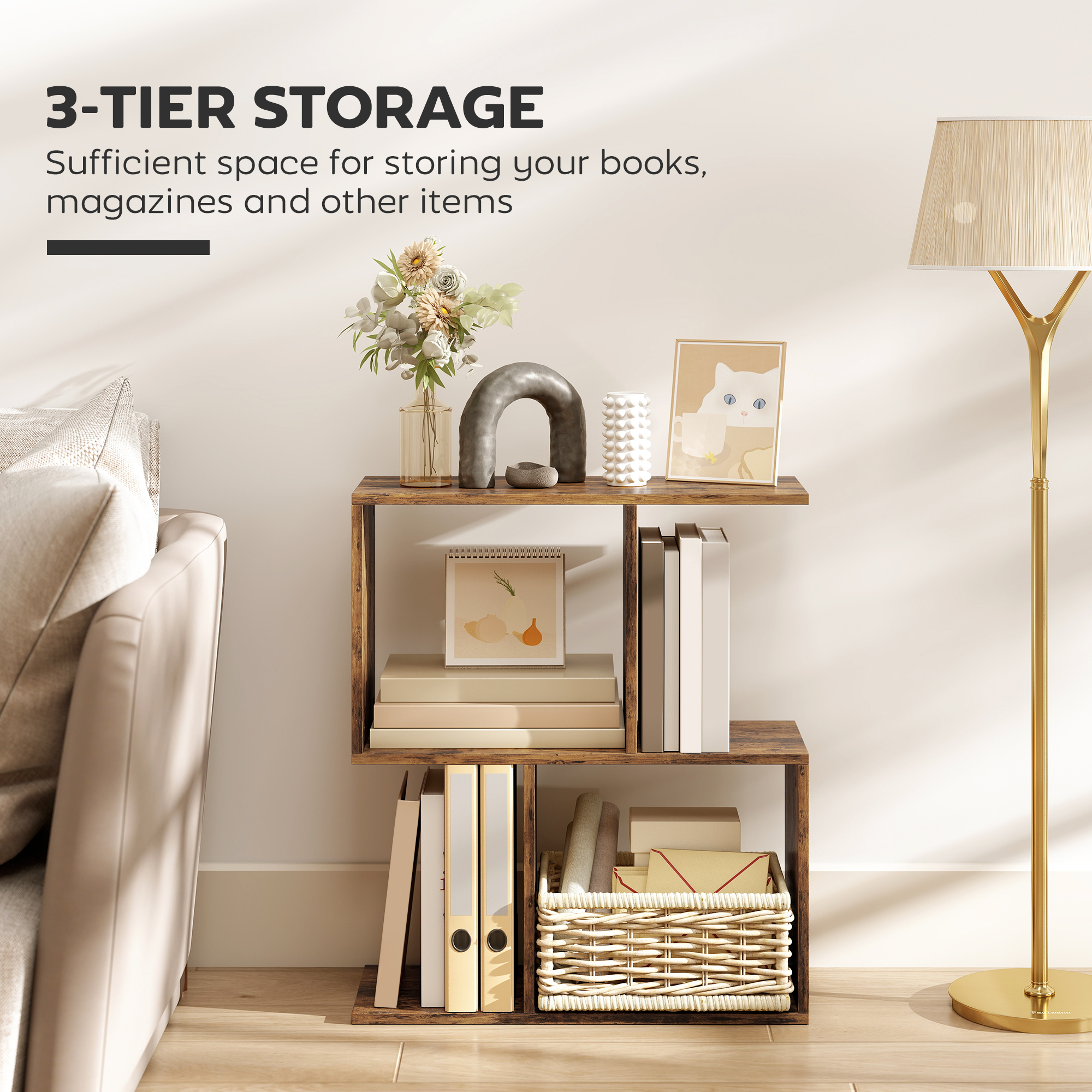 Side Table,Narrow End Table With Storage Shelves,S-Shaped,3-Tier,50W X 19.5D X