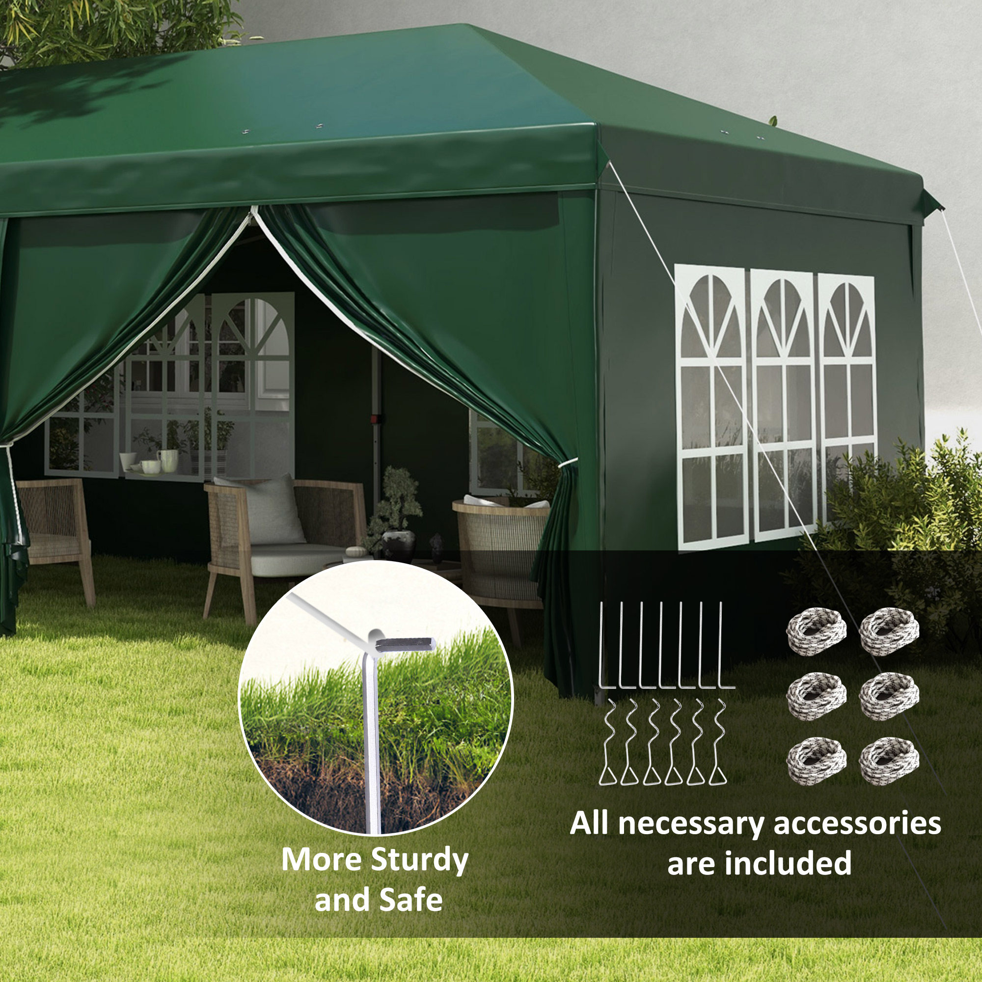 3x6m Pop-Up Gazebo,with Curtain Walls And Windows,Green — image 3