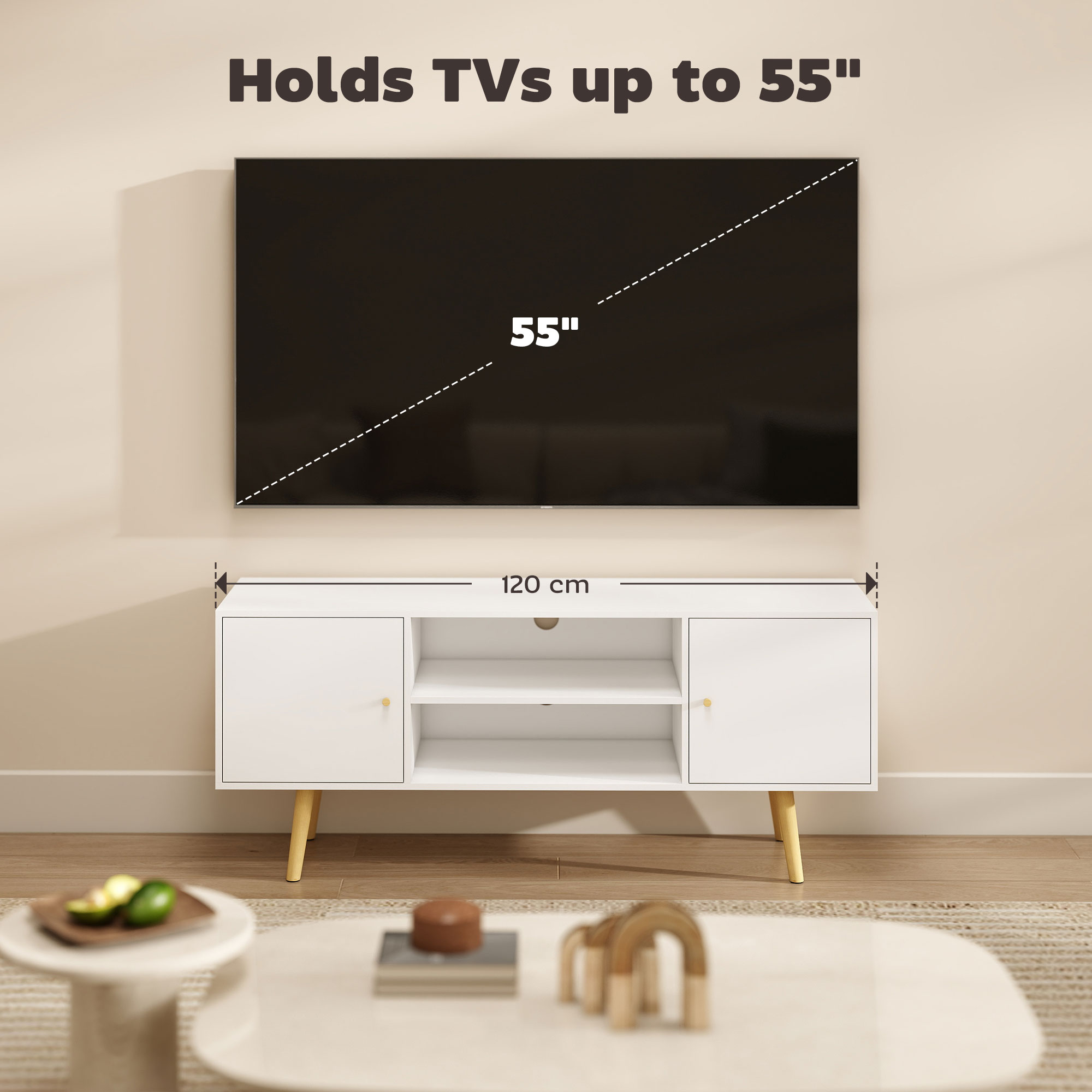 TV Stand Cabinet Up To 55 Inches,TV Unit With Storage Shelves And Wood Legs — image 2