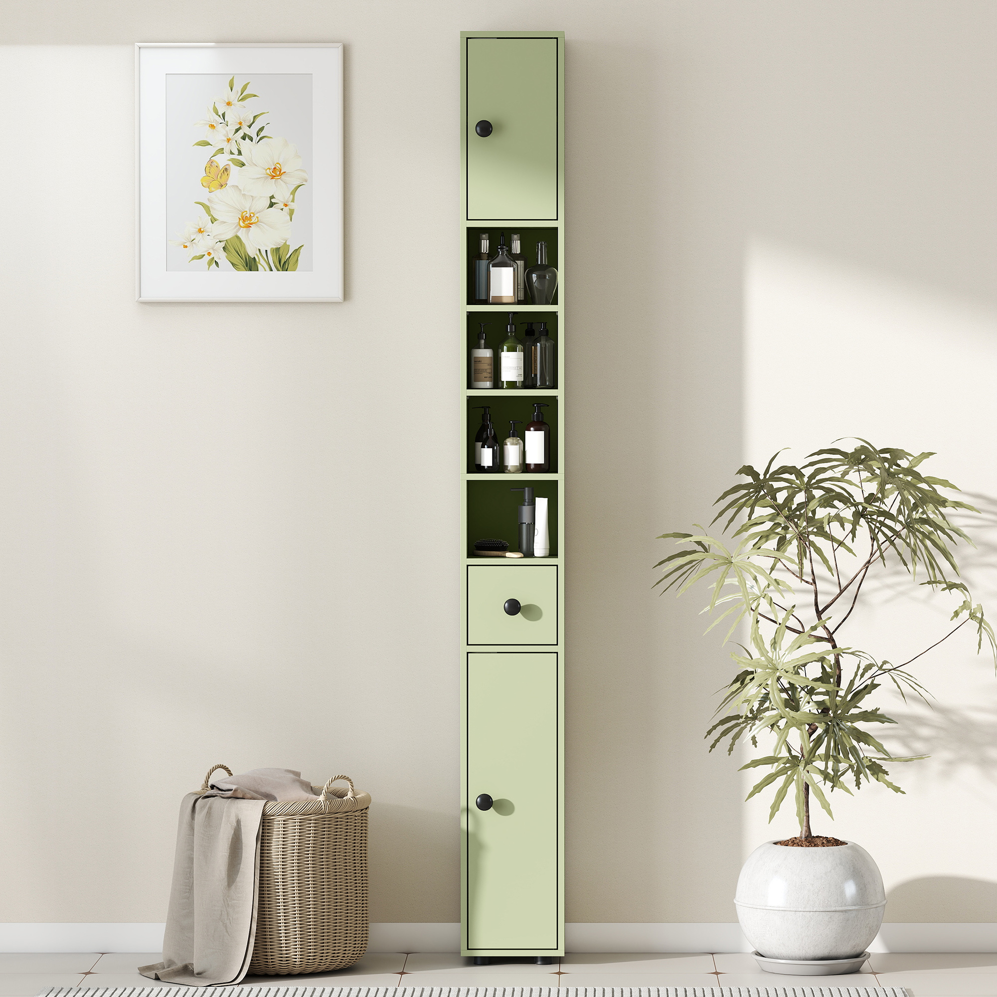 180cm Slim Bathroom Cabinet,with Drawer,Shelves And Cupboards-Green — image 3