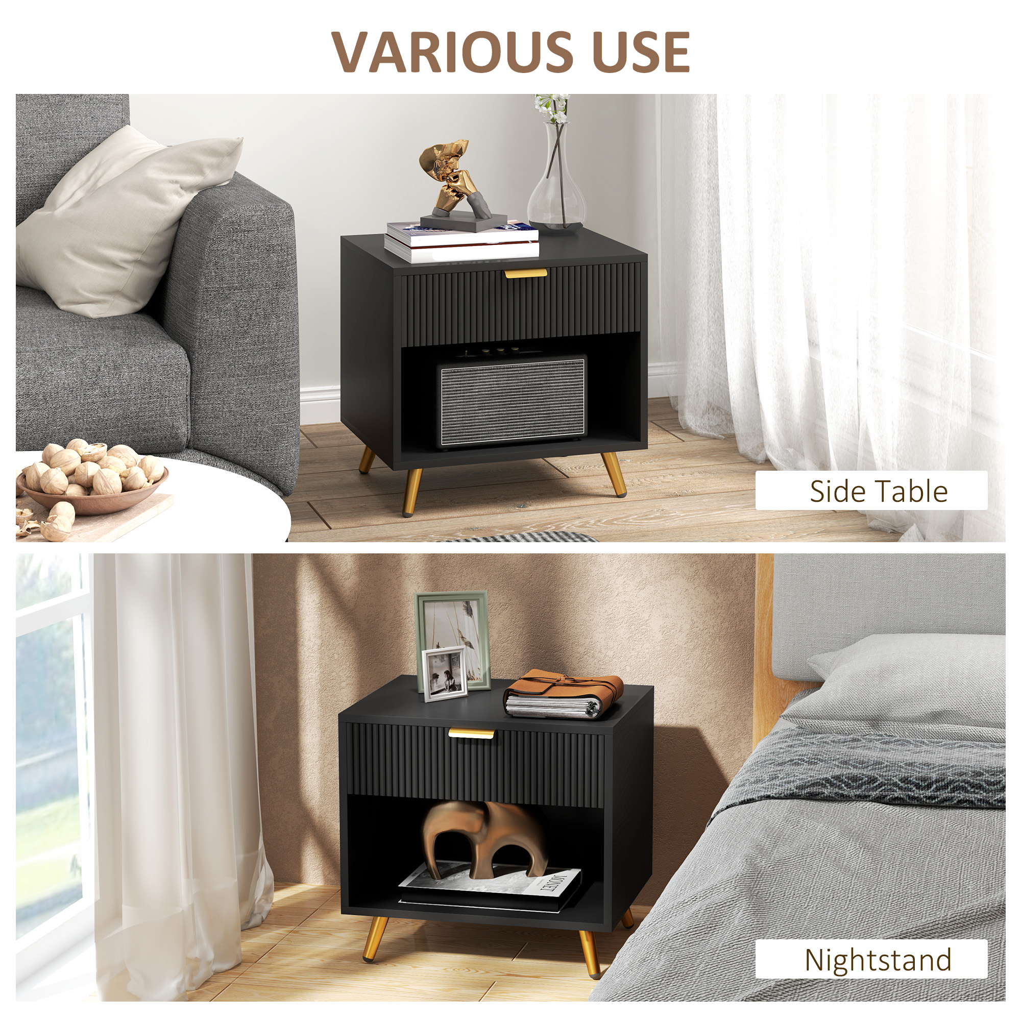 Elegant Bedside Table,with Drawer And Shelf-Black/Gold Tone — image 2