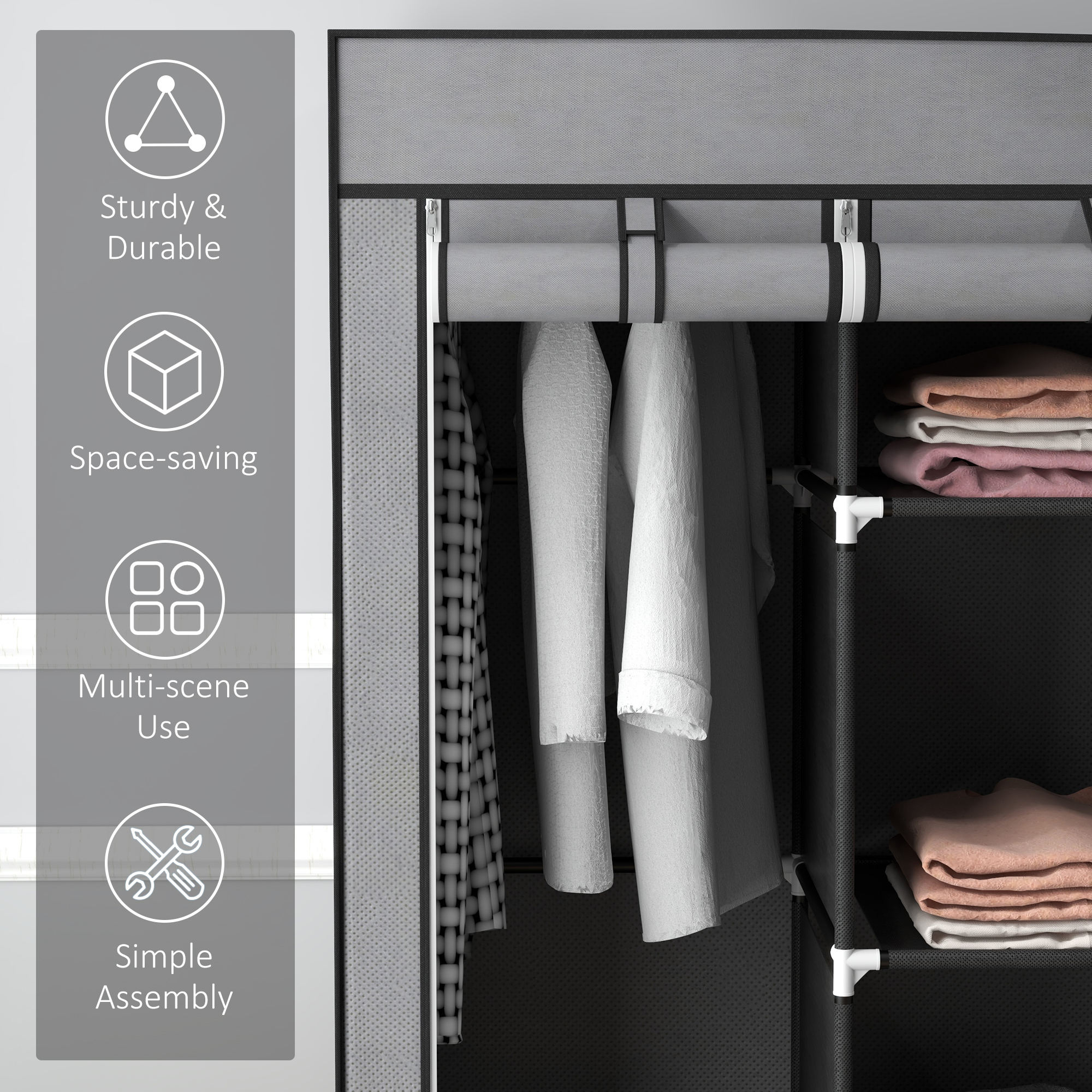 Fabric Wardrobe For Bedroom,Portable With 5 Shelves,2 Hanging Rails And 3