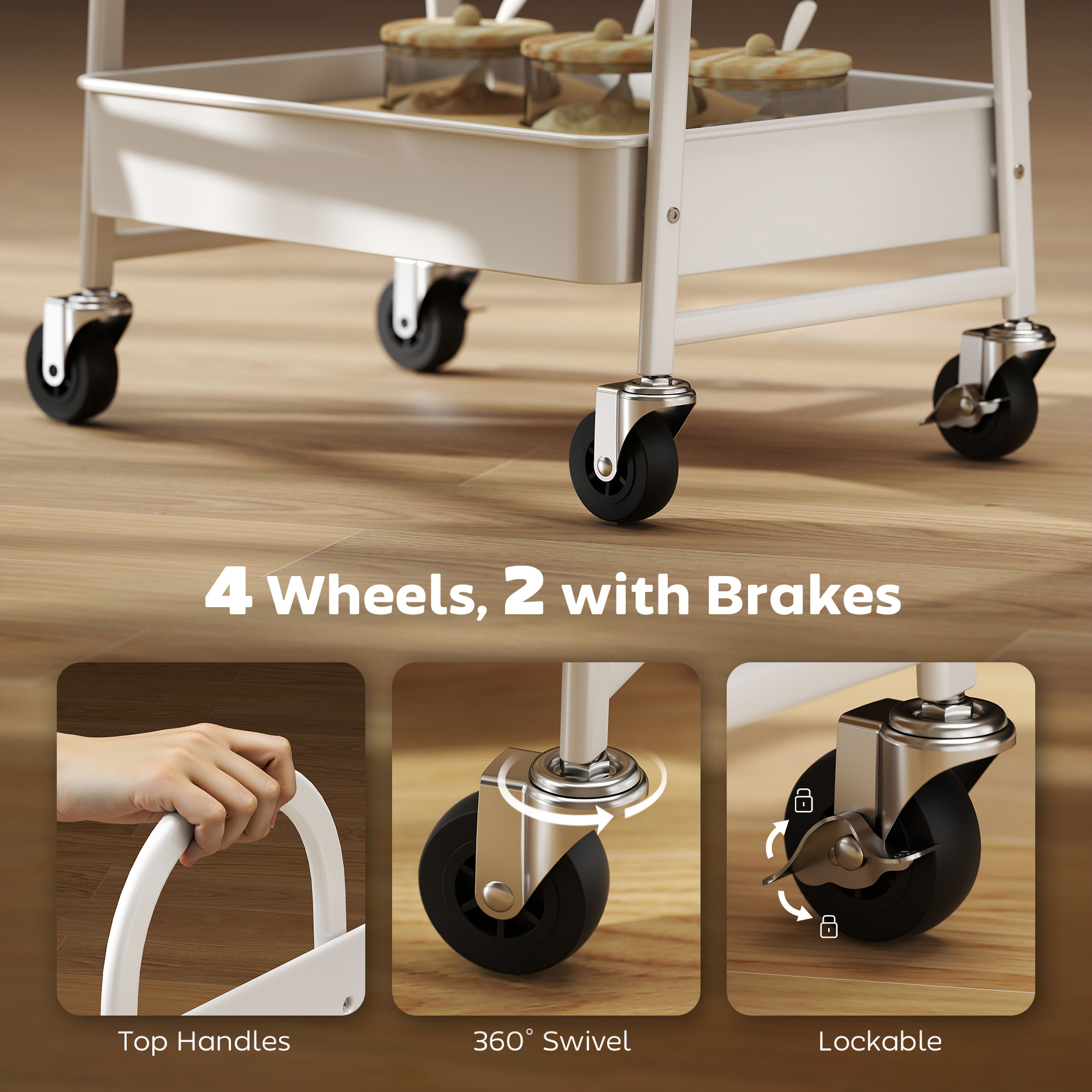 3-tier kitchen storage trolley with on wheels cover top