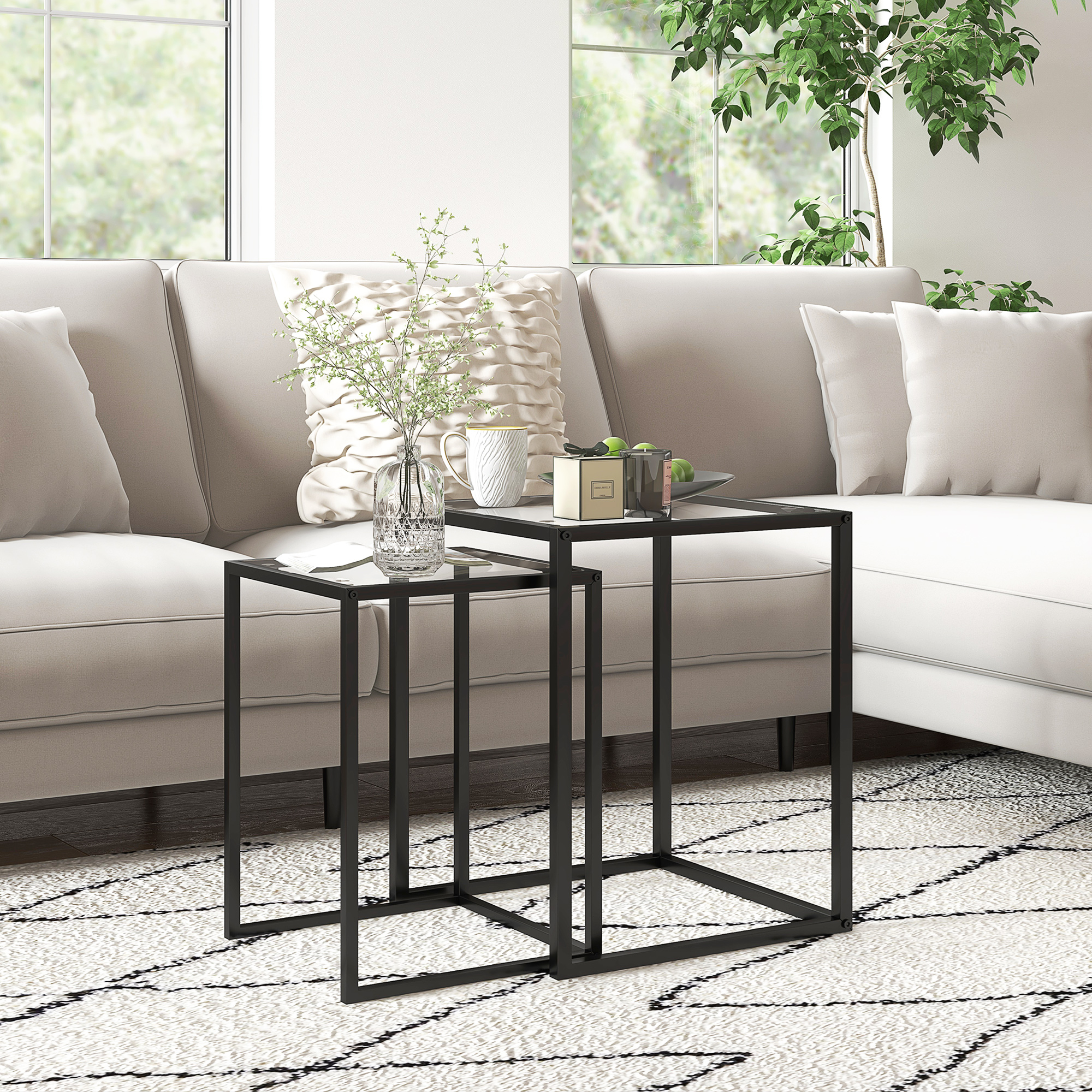 Nesting Tables Set Of 2,Side End Table With Tempered Glass Top And Steel Frame — image 3
