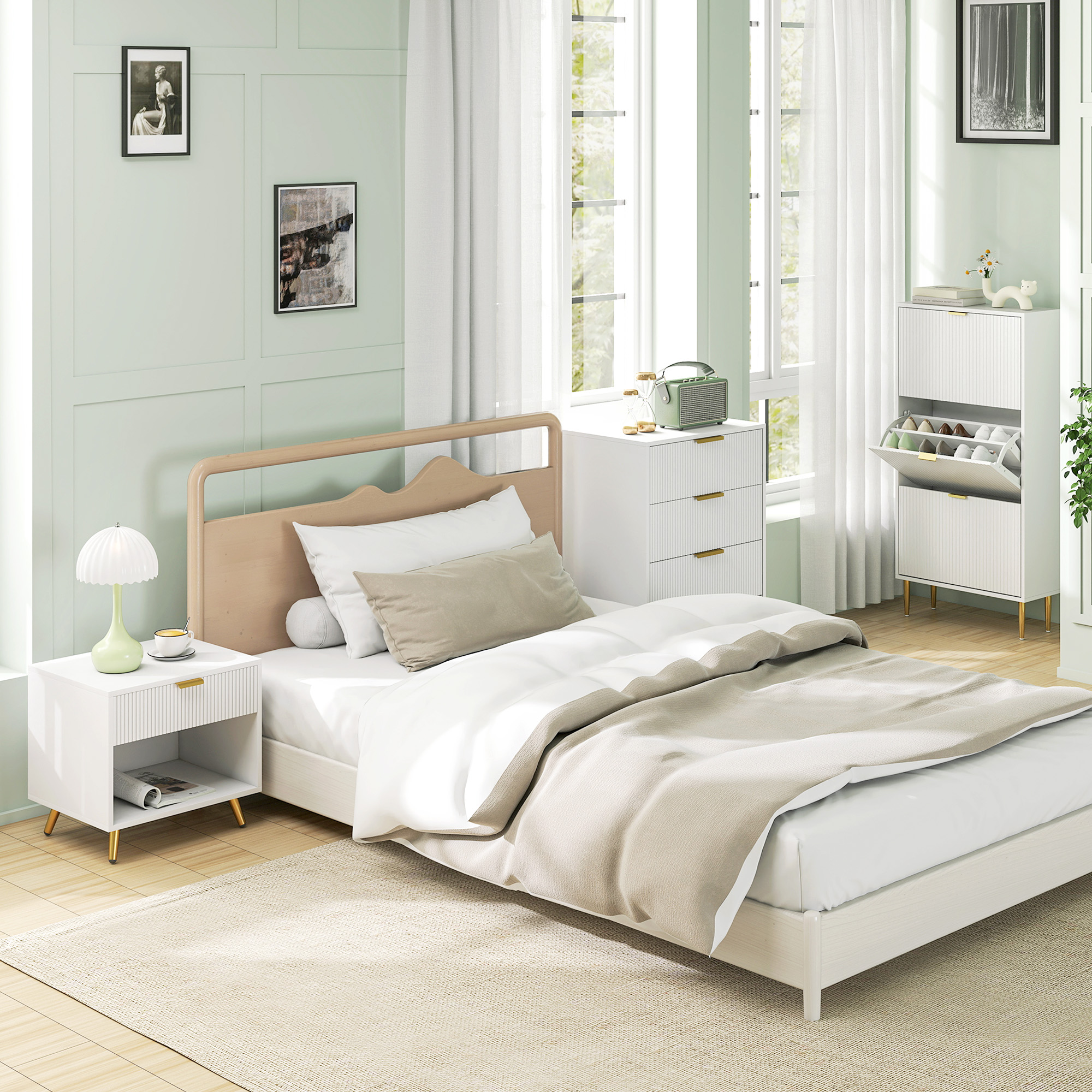 Elegant Bedside Table,with Drawer And Shelf-White/Gold Tone — image 3