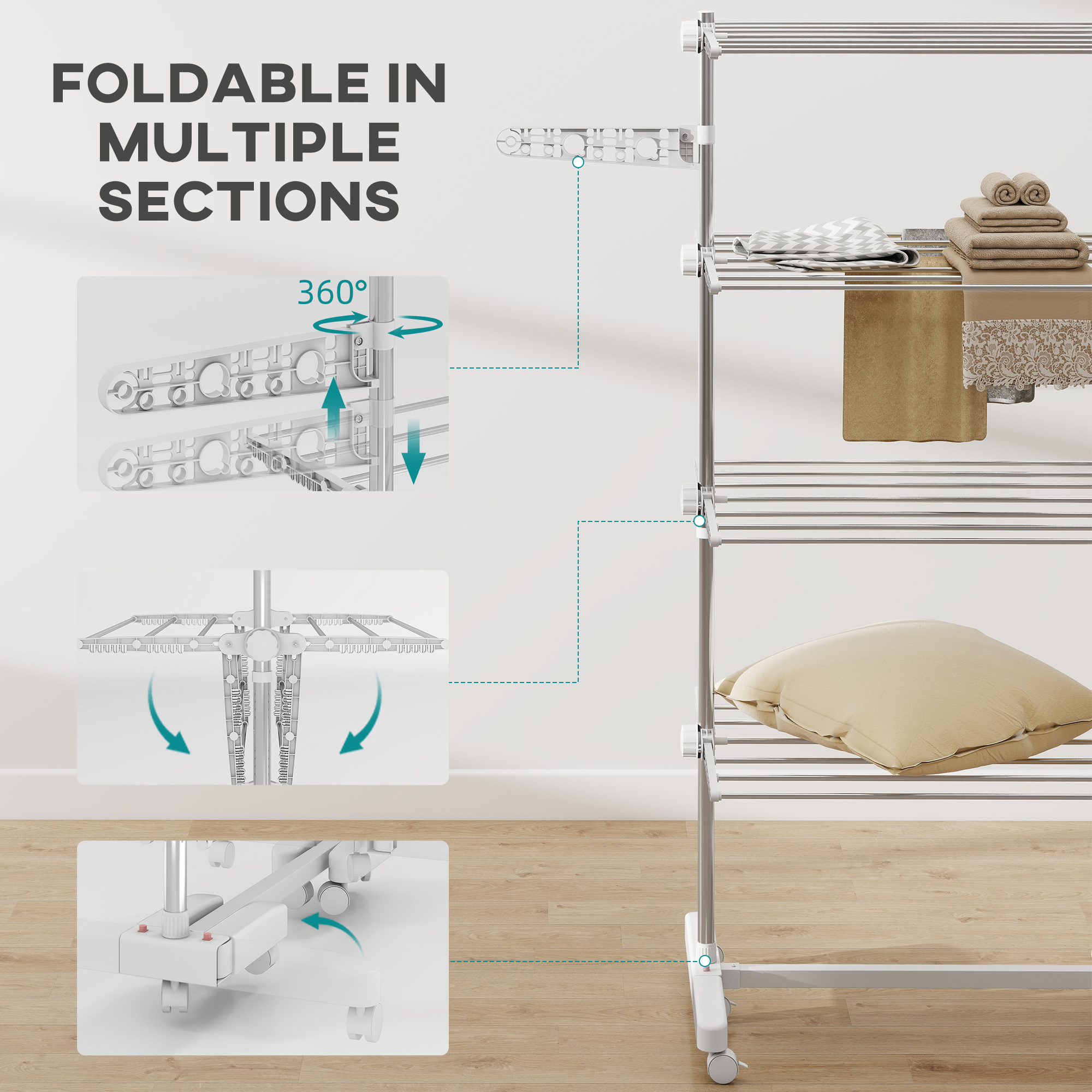 Four-Shelf Collapsing Clothes Horse,With Side Arms And Wheels-White