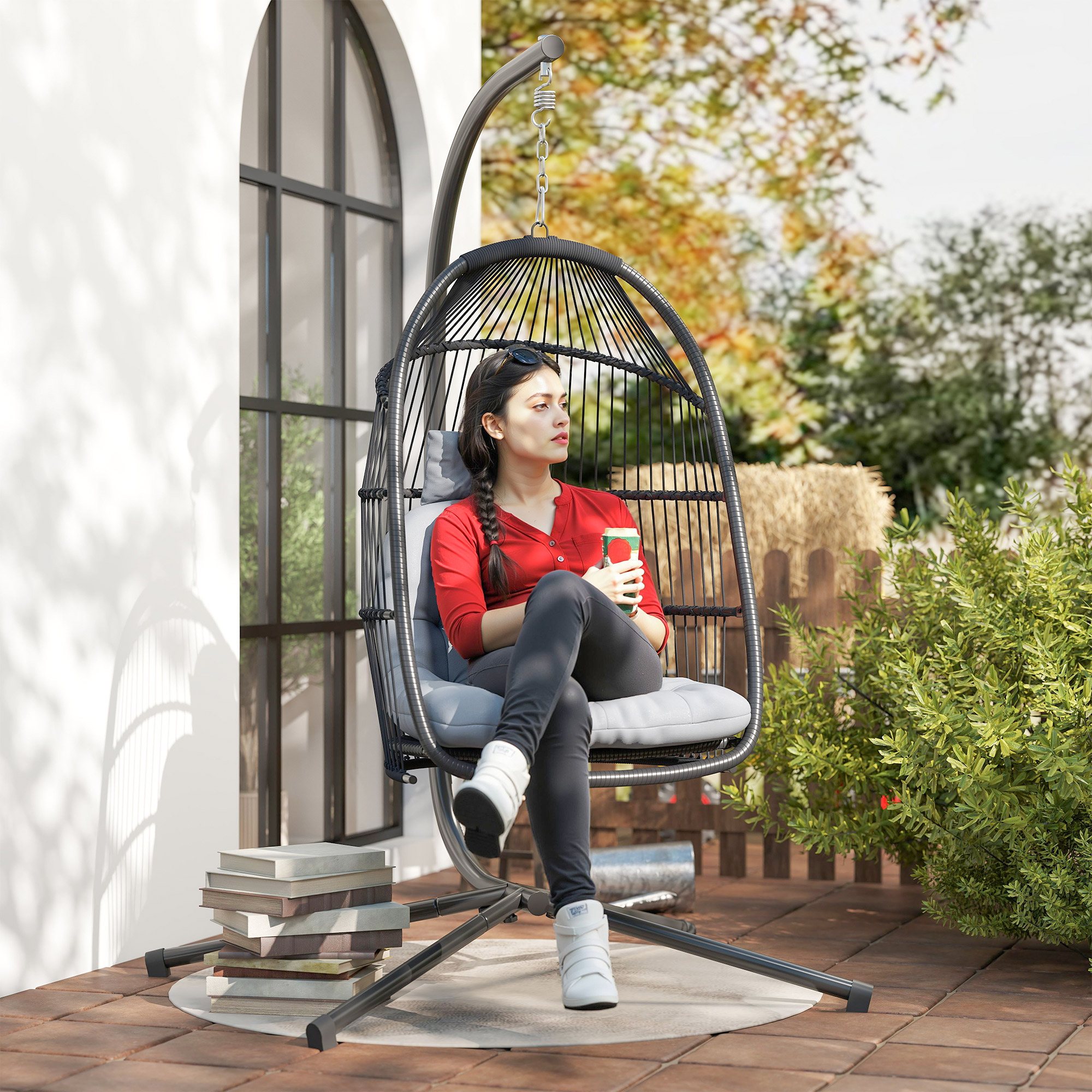 Hanging Egg Chair With Stand,Foldable Wicker Swing Cushion,Head Pillow,Steel