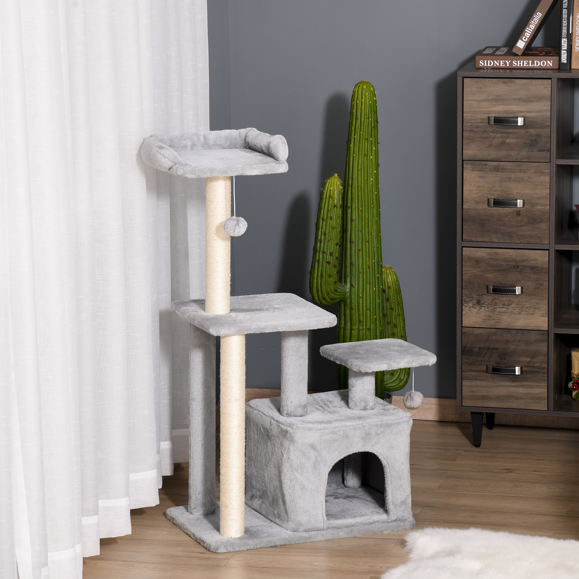 Cat Tree Tower For Indoor Cats 114cm Climbing Activity Centre Kitten With Sisal Scratching Post Perch Hanging Ball Condo Toy Light Grey detail photo 9
