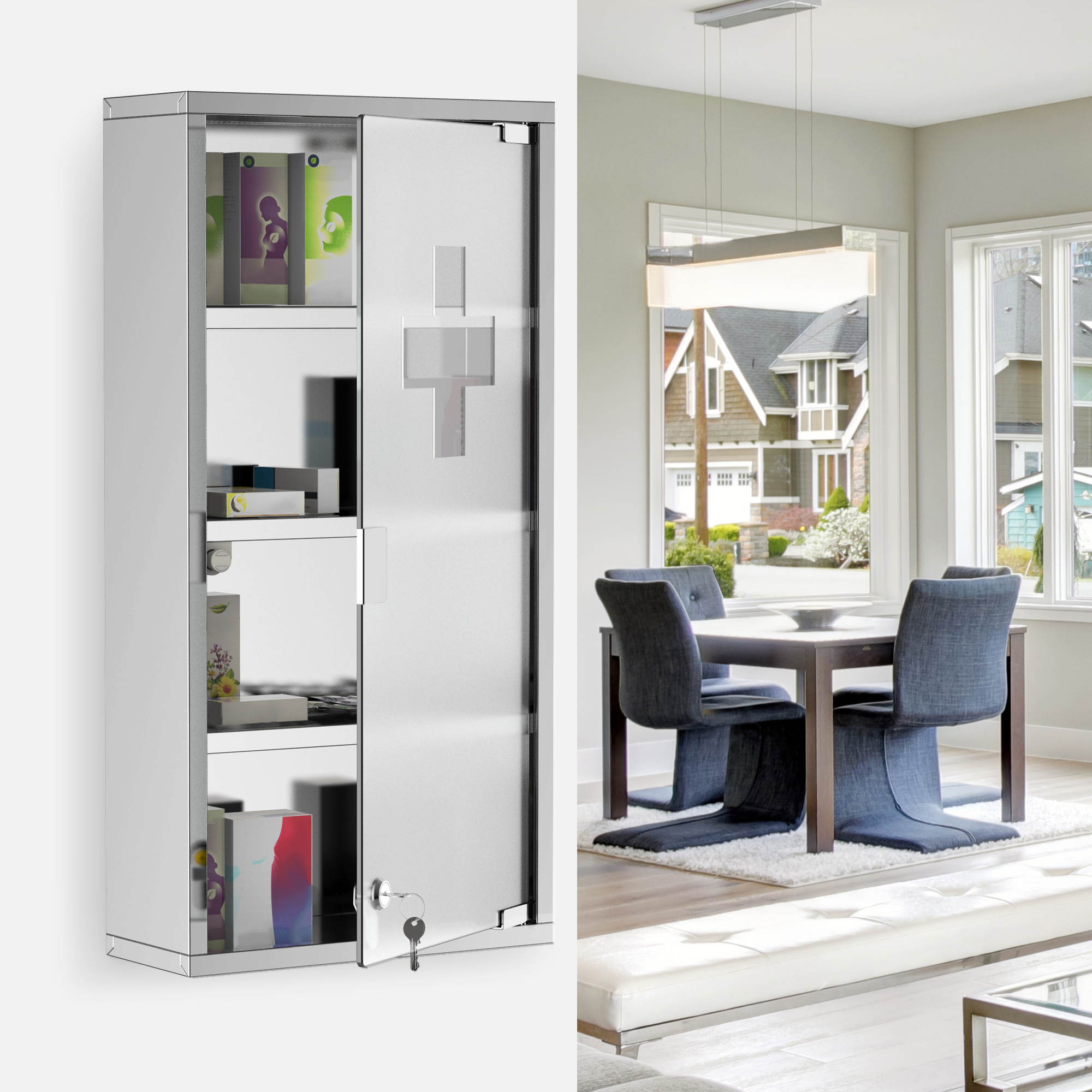 4 Tier Stainless Steel Wall Mounted Medicine Cabinet Glass Lockable Door — image 3