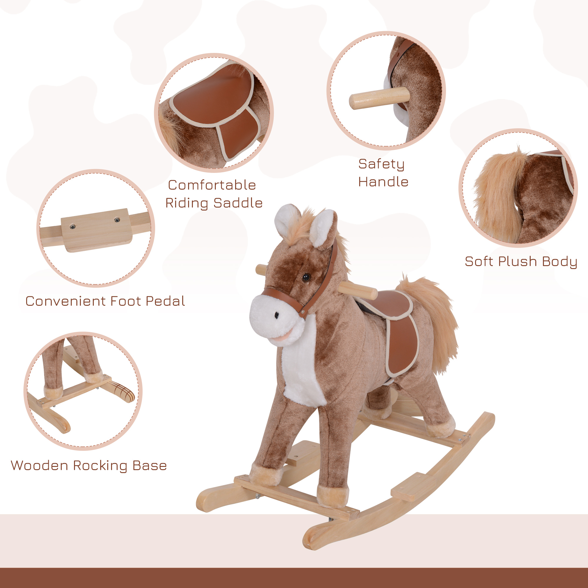 Kids Children Plush Rocking Horse Wooden Base Ride On Toy Rocker With Handle