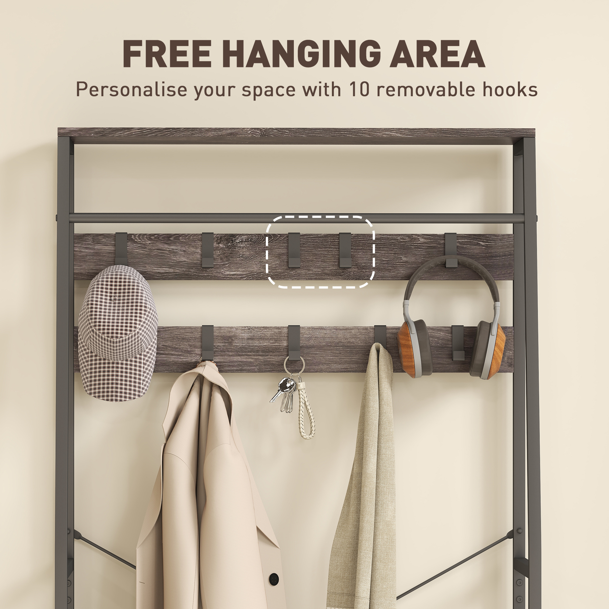 Coat Rack With Shoe Storage,Hall Tree,Industrial Stand Bench,10 Removable — image 4