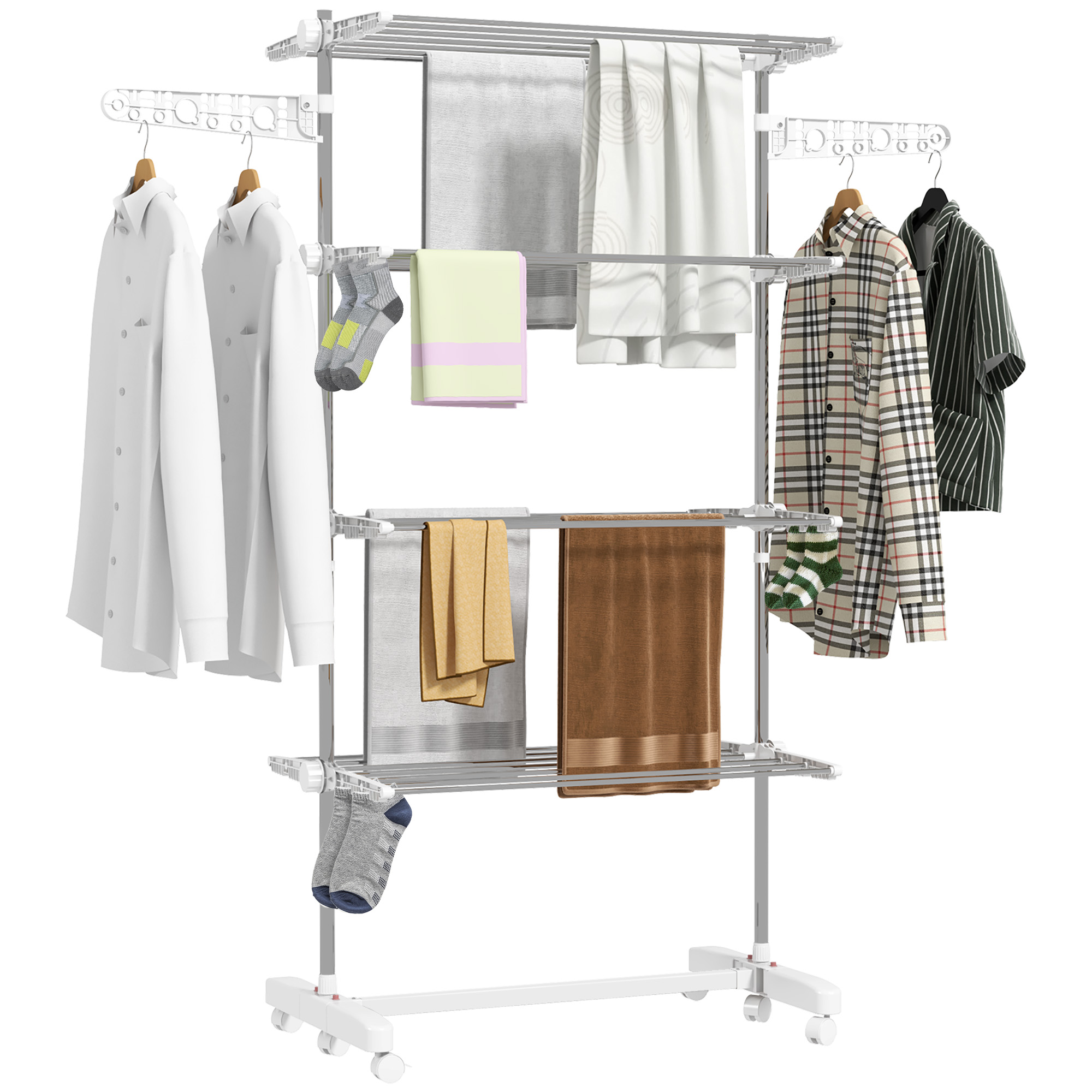 Four-Shelf Collapsing Clothes Horse,With Side Arms And Wheels-White — image 4