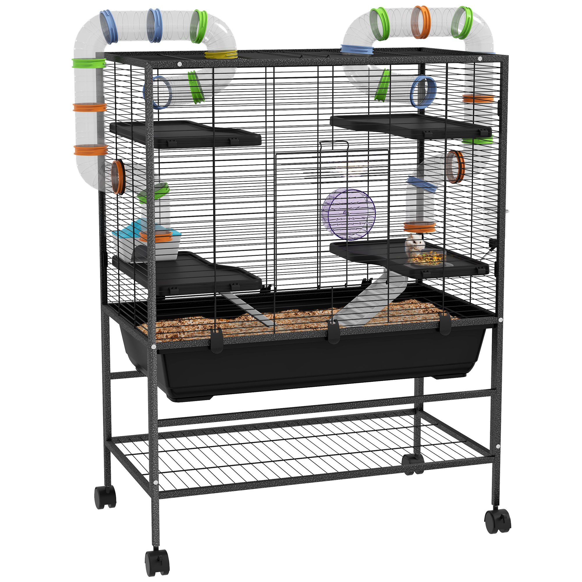 Large Hamster Cage,Gerbil Cage With Tubes,Storage Shelf,Ramps,Platforms,Running Wheel-Black detail photo 12