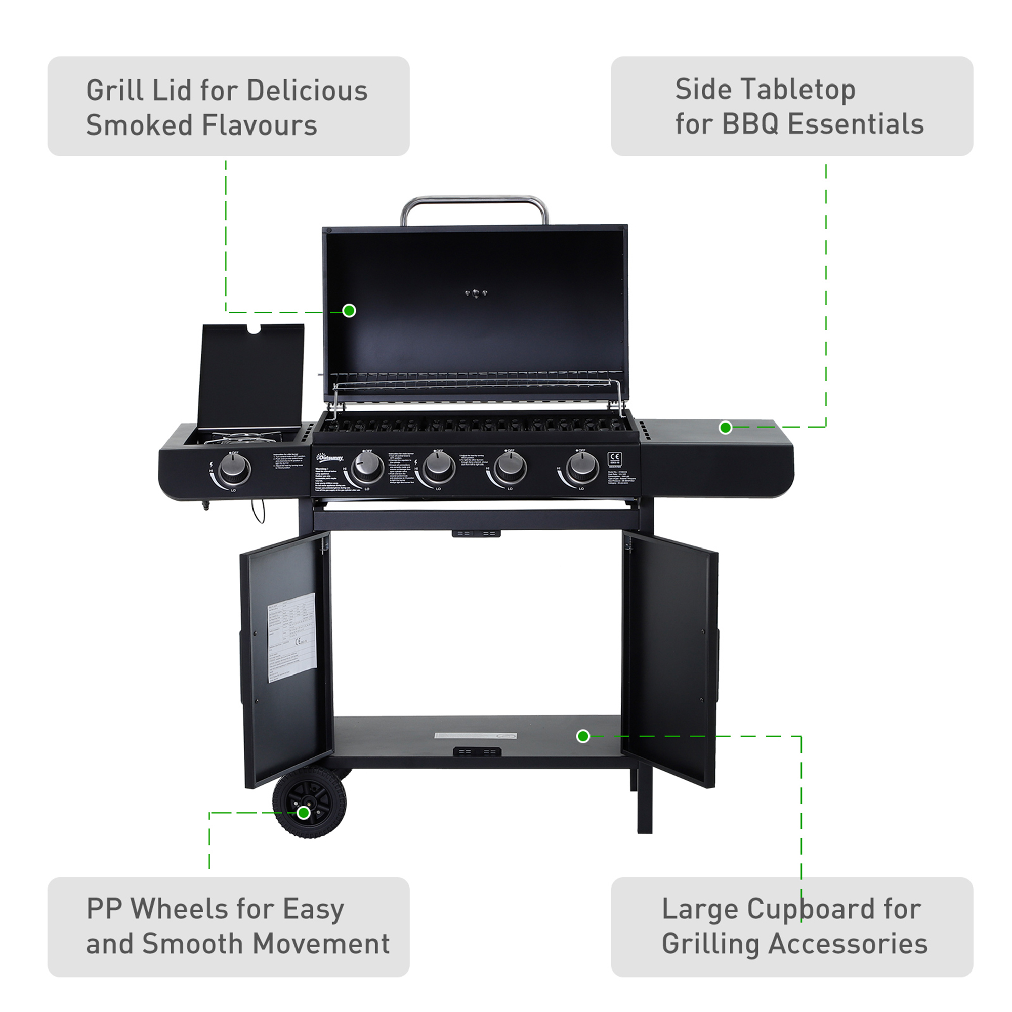 4+1 Burner Gas BBQ Grill,Outdoor Barbecue Trolley With Wheels,Warming Rack,Side — image 3