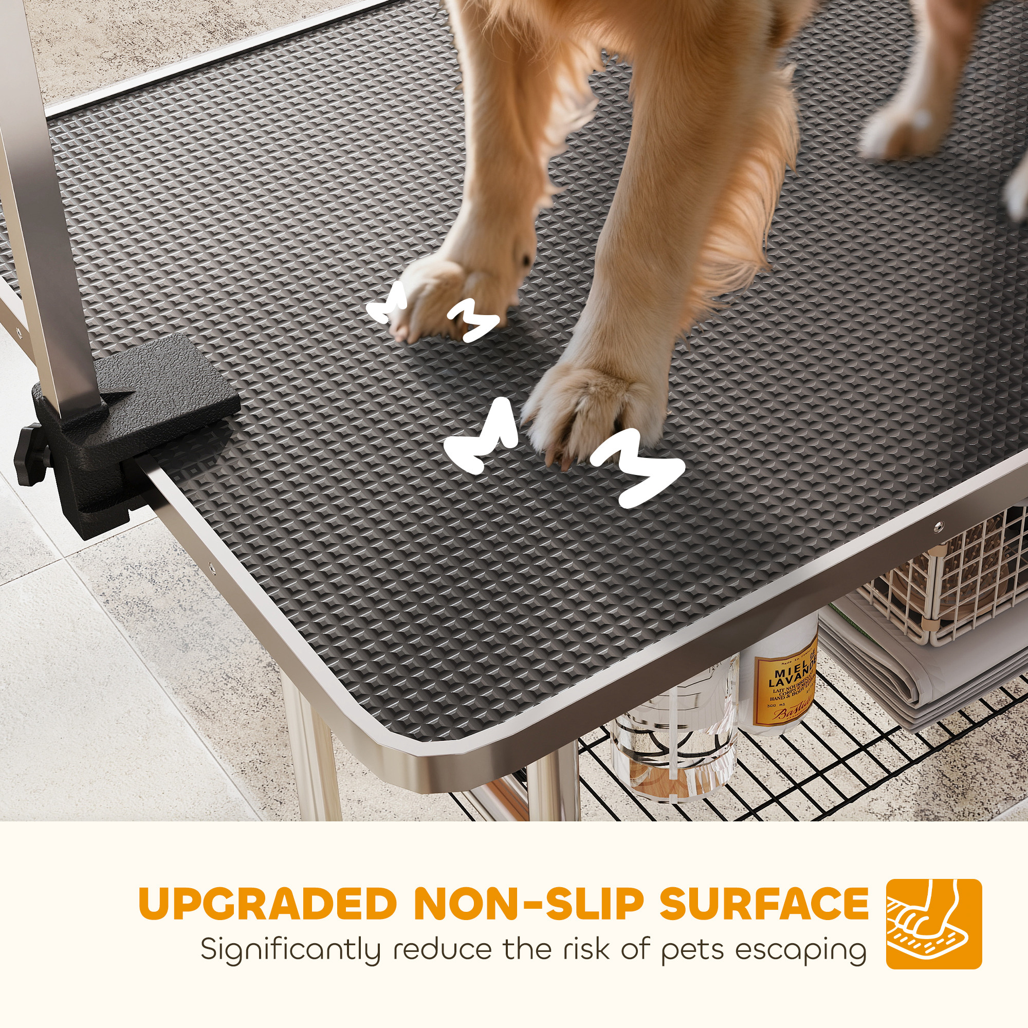 42" Dog Grooming Table,Adjustable Pet Cat Drying Beauty Table With 2 Loops Storage Basket,Rubber Top,Black detail photo 9