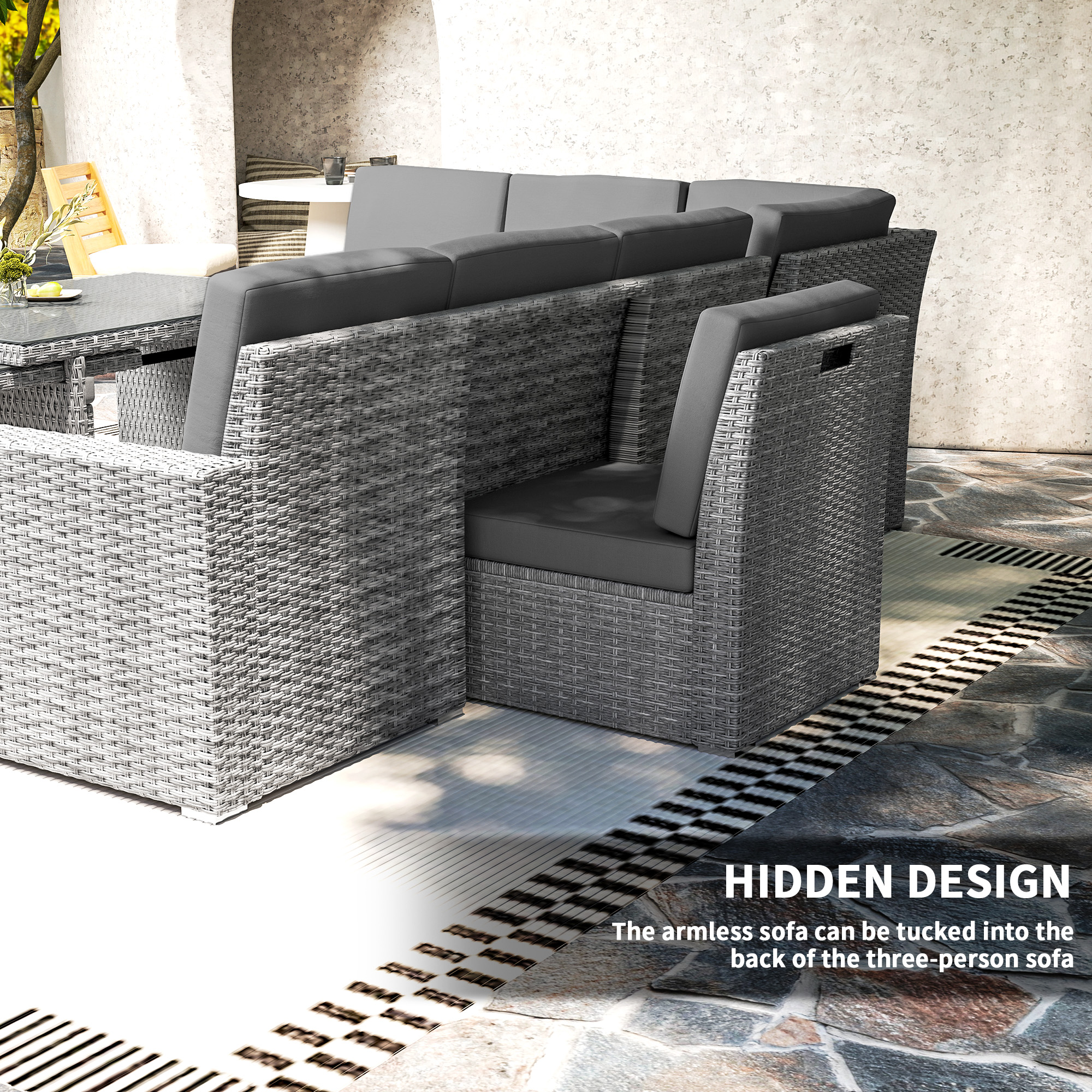 Seven-Piece Rattan Garden Sofa Set,with Expanding Table-Light Grey — image 5