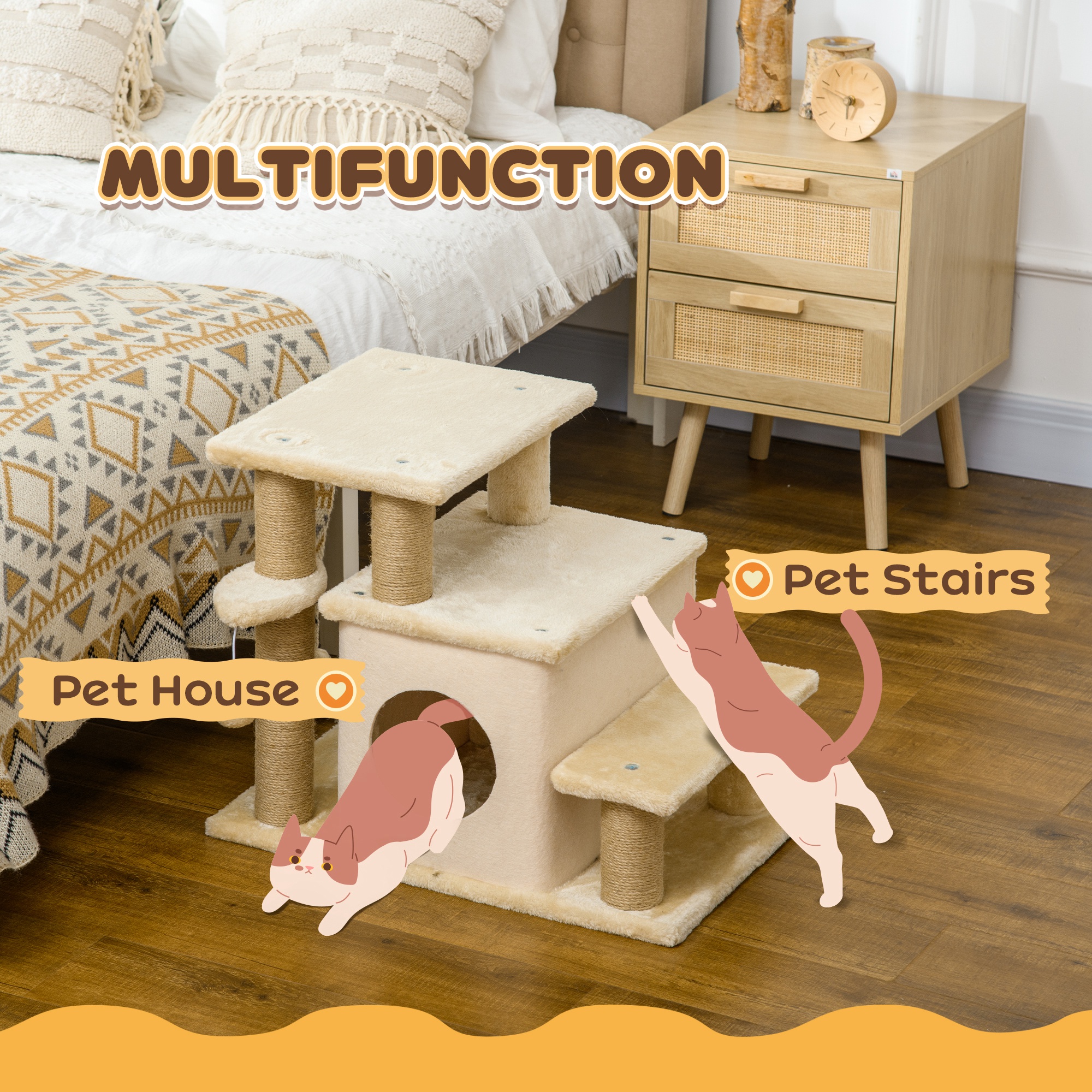 Adjustable Cat Steps,with House & Hanging Toy Ball-Beige — image 5