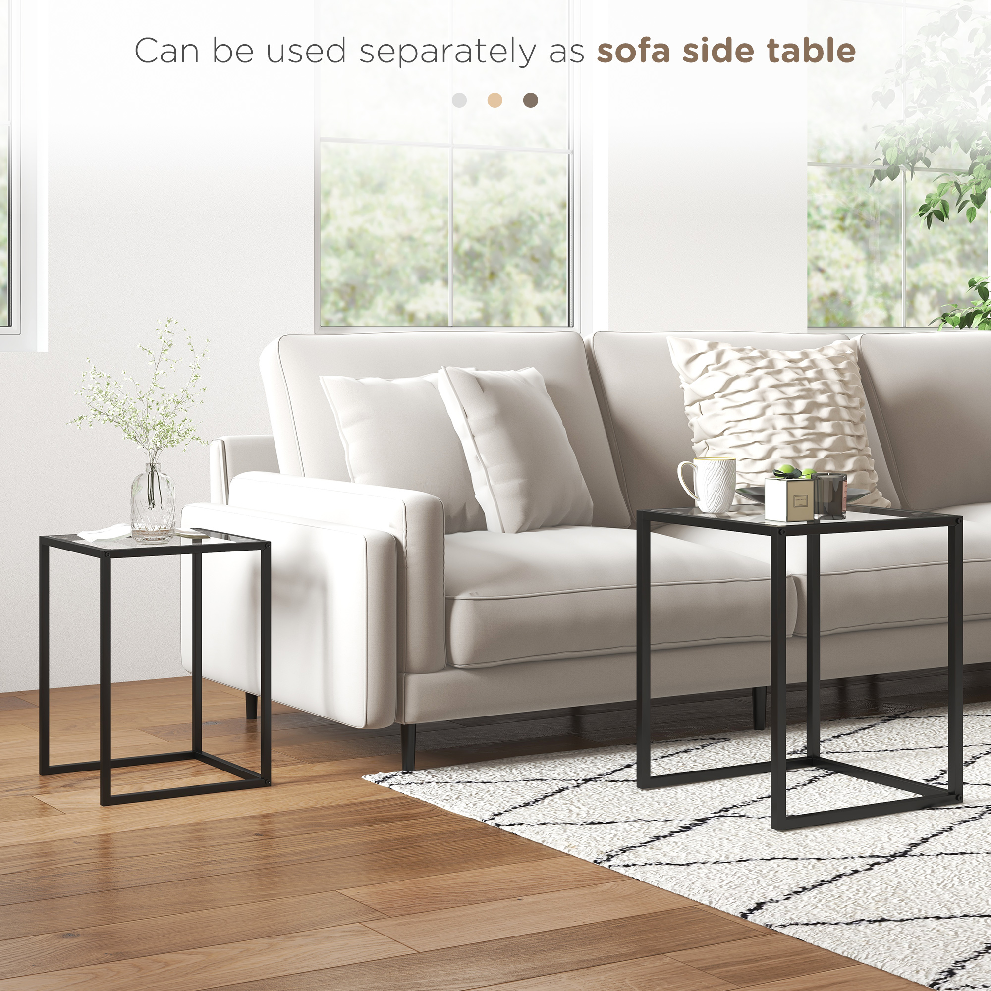Nesting Tables Set Of 2,Side End Table With Tempered Glass Top And Steel Frame