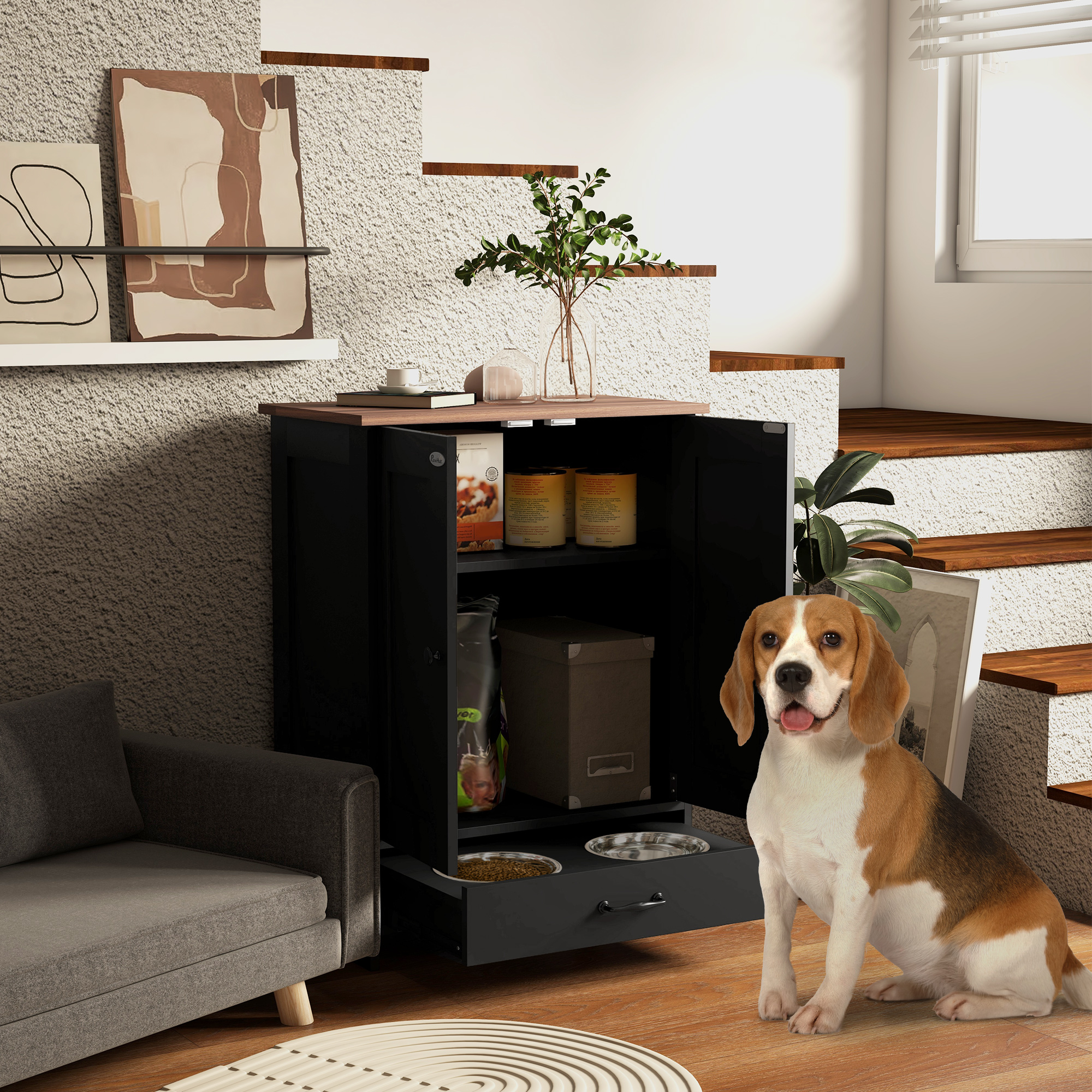 Pet Feeding Station With Raised Dog Bowls,Adjustable Panel,Hooks,Black detail photo 3