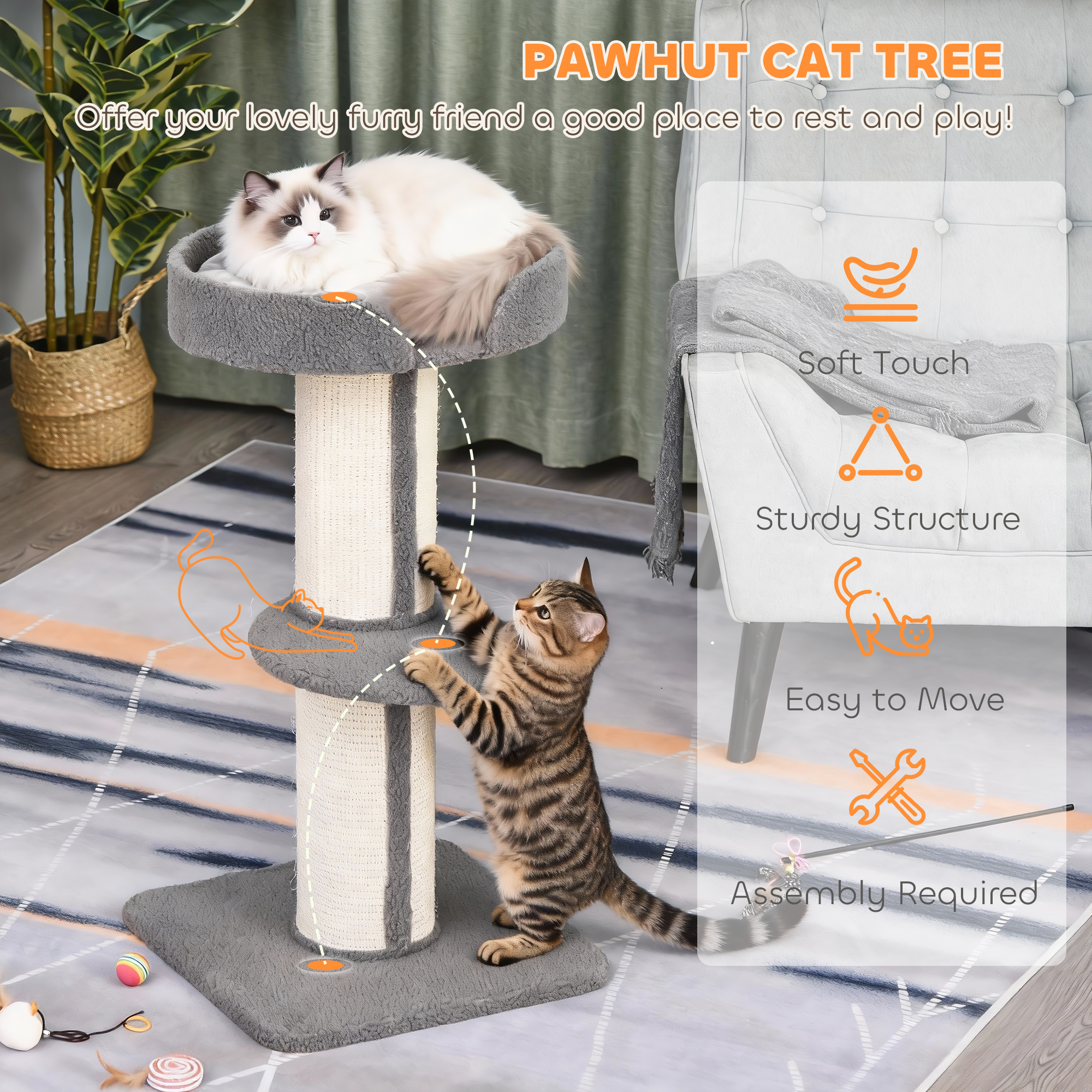 91cm Cat Tree,Cat Tower With Scratching Post,Bed,Perch,Removable Cushion For Indoor Kittens,Grey detail photo 7
