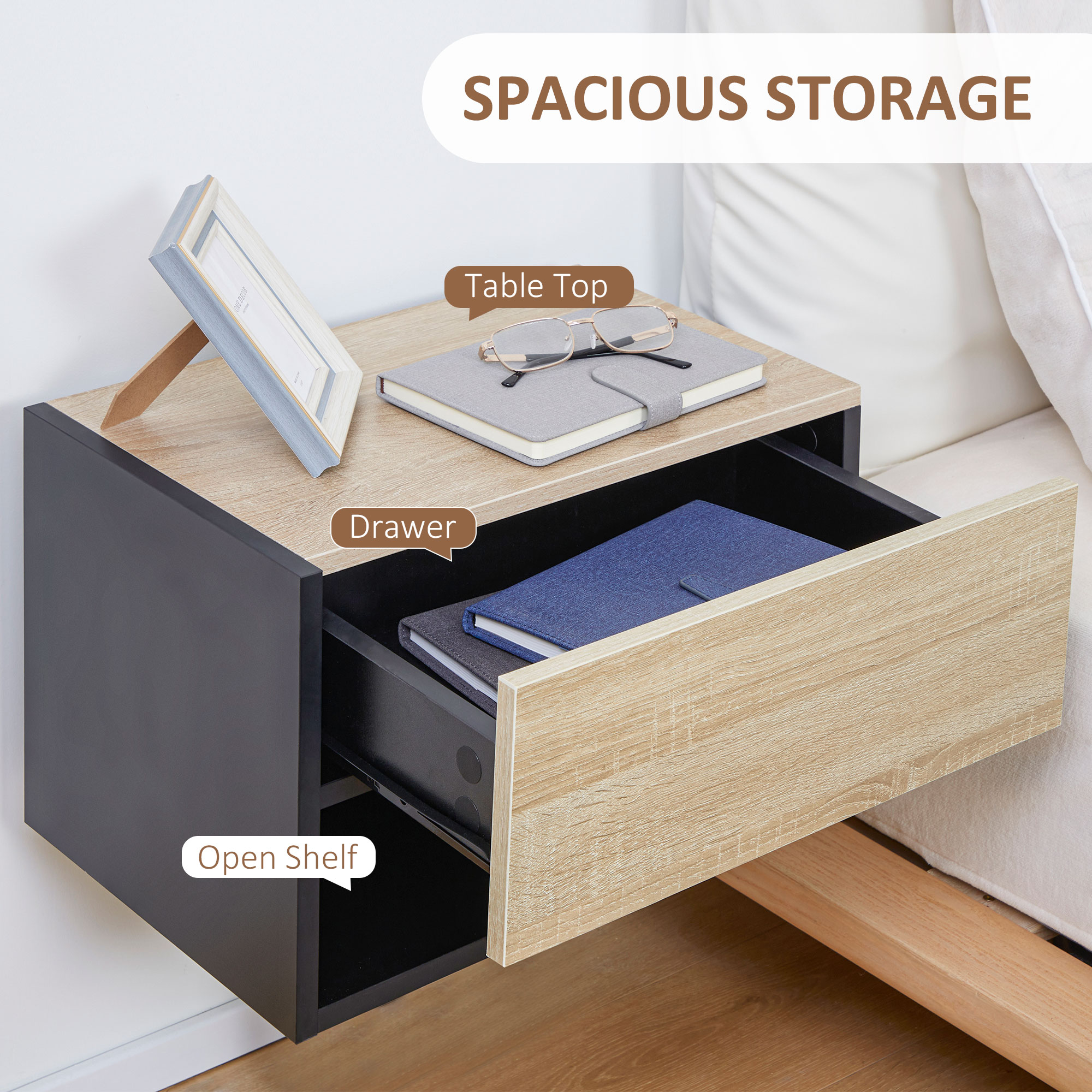 Floating Bedside Table Set Of 2,Wall Mounted Cabinet With Drawer And Open — image 5