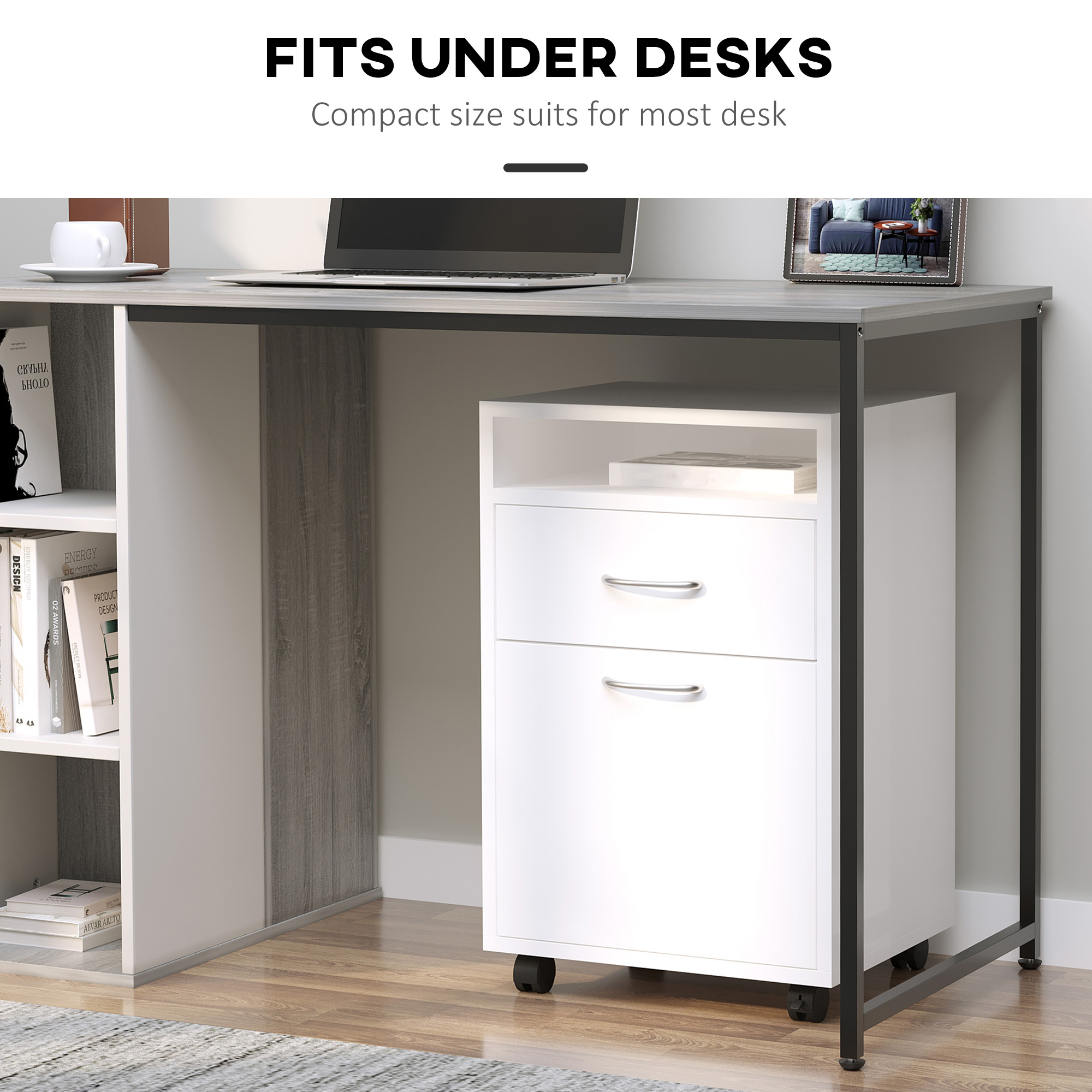 60cm Filing Cabinet With Drawer,Open Shelf,Metal Handles And 4 Wheels,Office — image 3