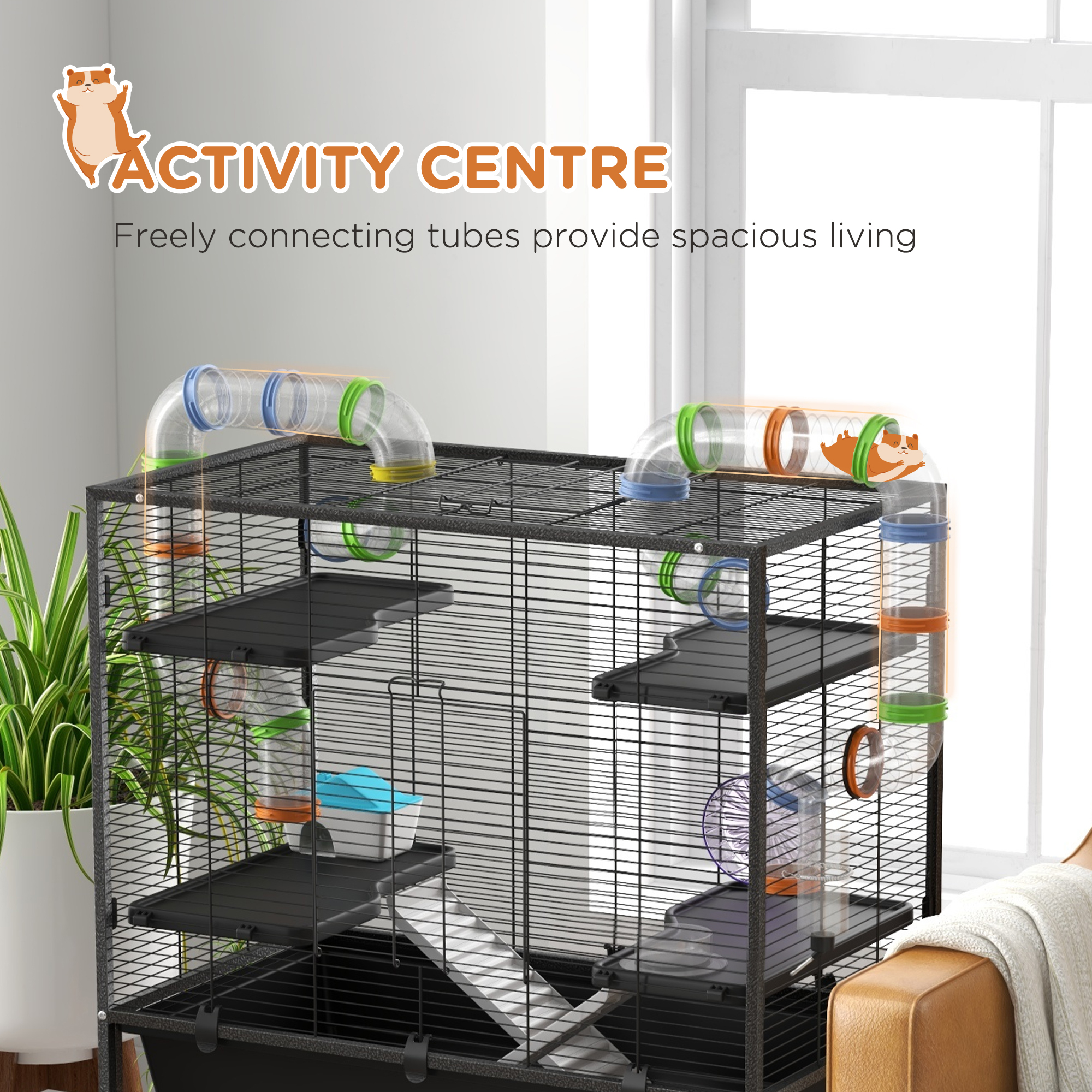 Large Hamster Cage,Gerbil Cage With Tubes,Storage Shelf,Ramps,Platforms,Running Wheel-Black detail photo 7