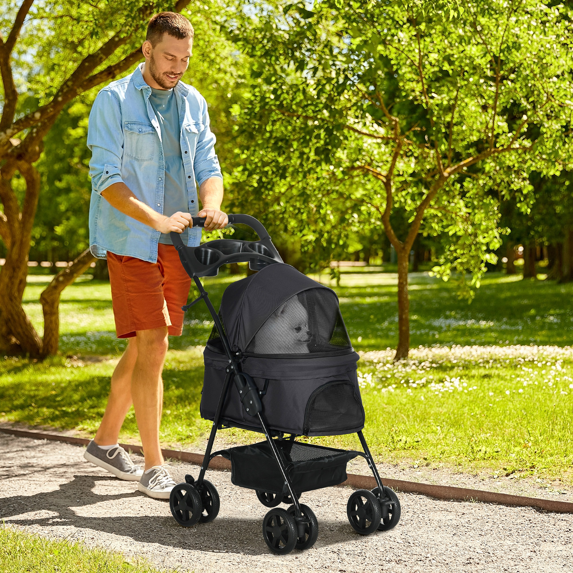 Dog Pram Stroller Foldable Pet Pushchair With 4 Wheels,Safety Leashes,Cup — image 3