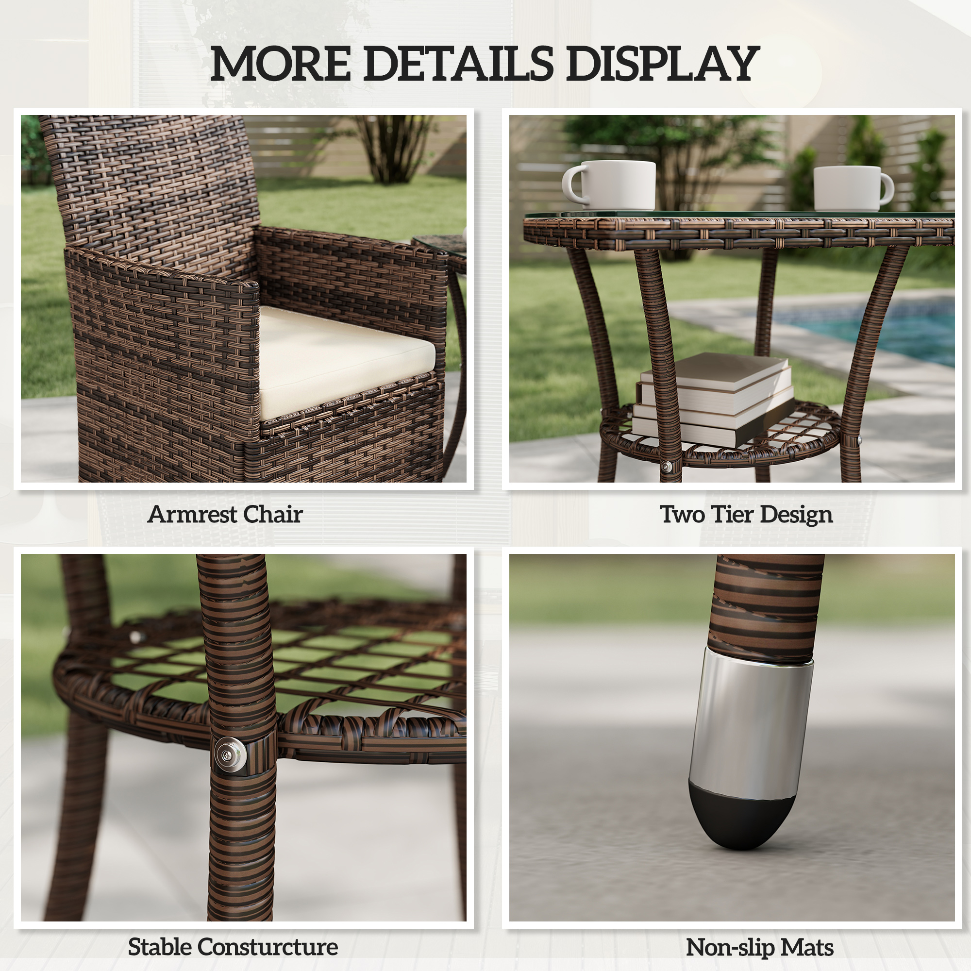 2 Seat Twin Rattan Bistro Chair And Table Set Brown — image 2
