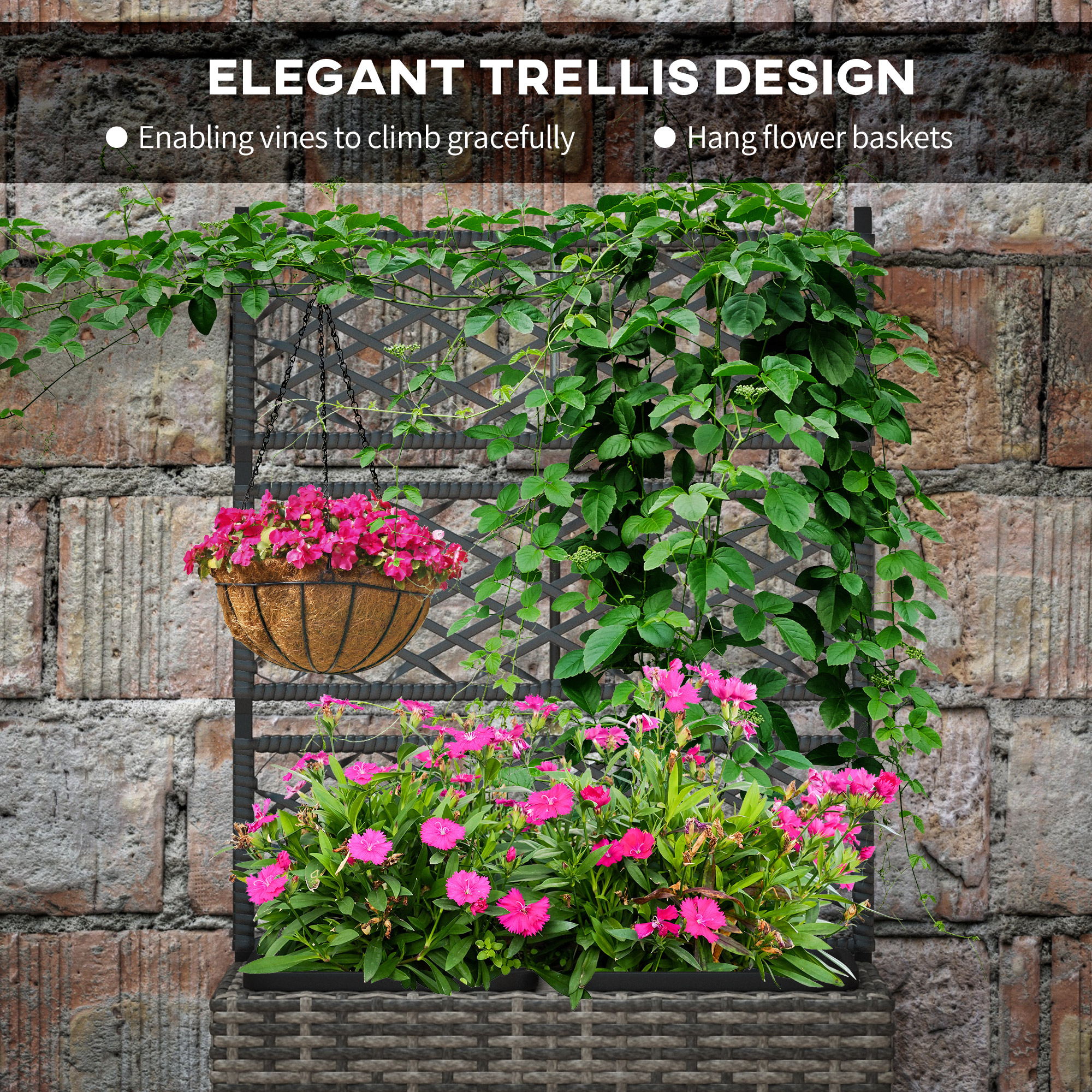 22 L Rattan Planter With Trellis,Freestanding Raised Beds For Garden Two Plant