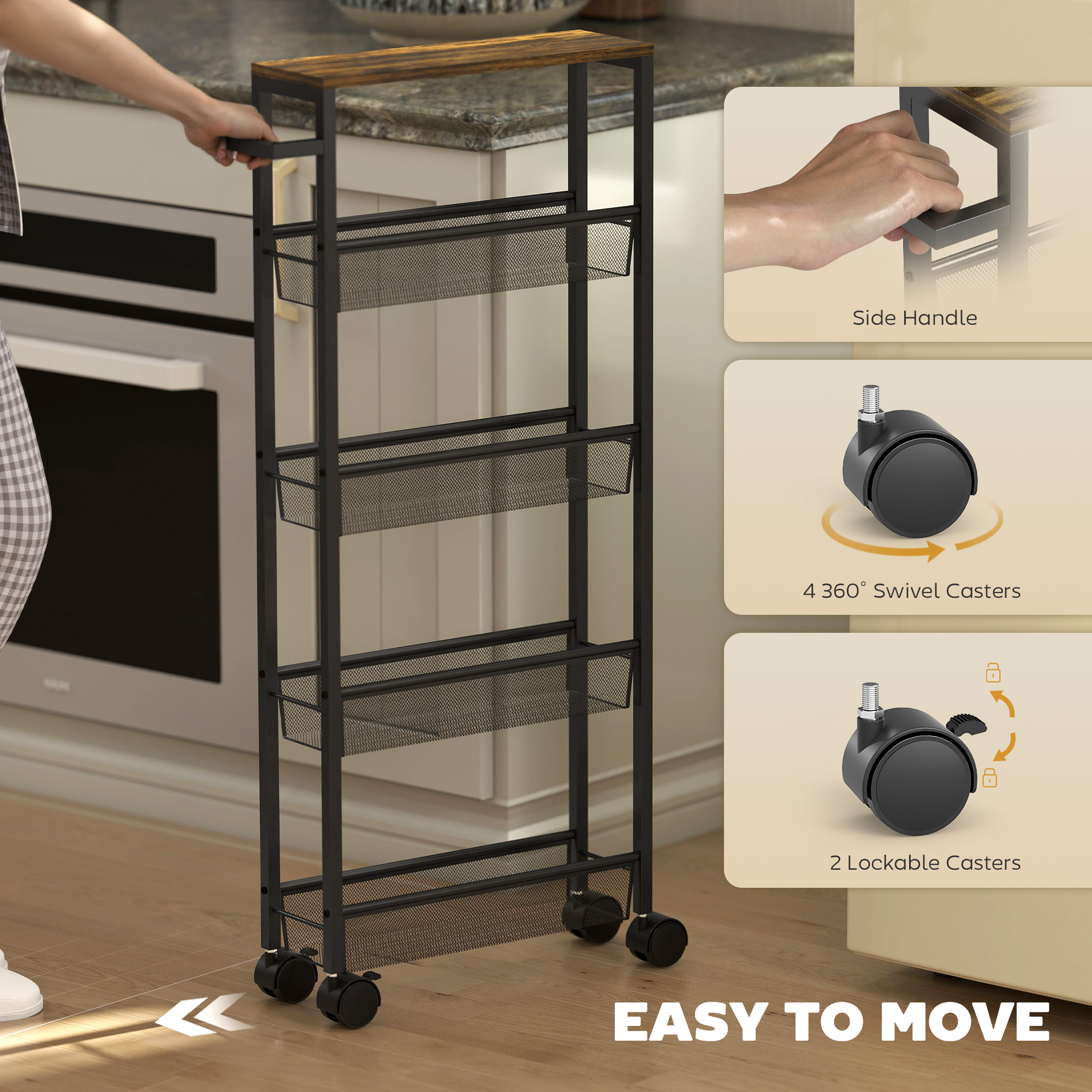 Slim Storage Trolley,5-Tier Kitchen Cart On Wheels With Wood-effect Top,Handle — image 5