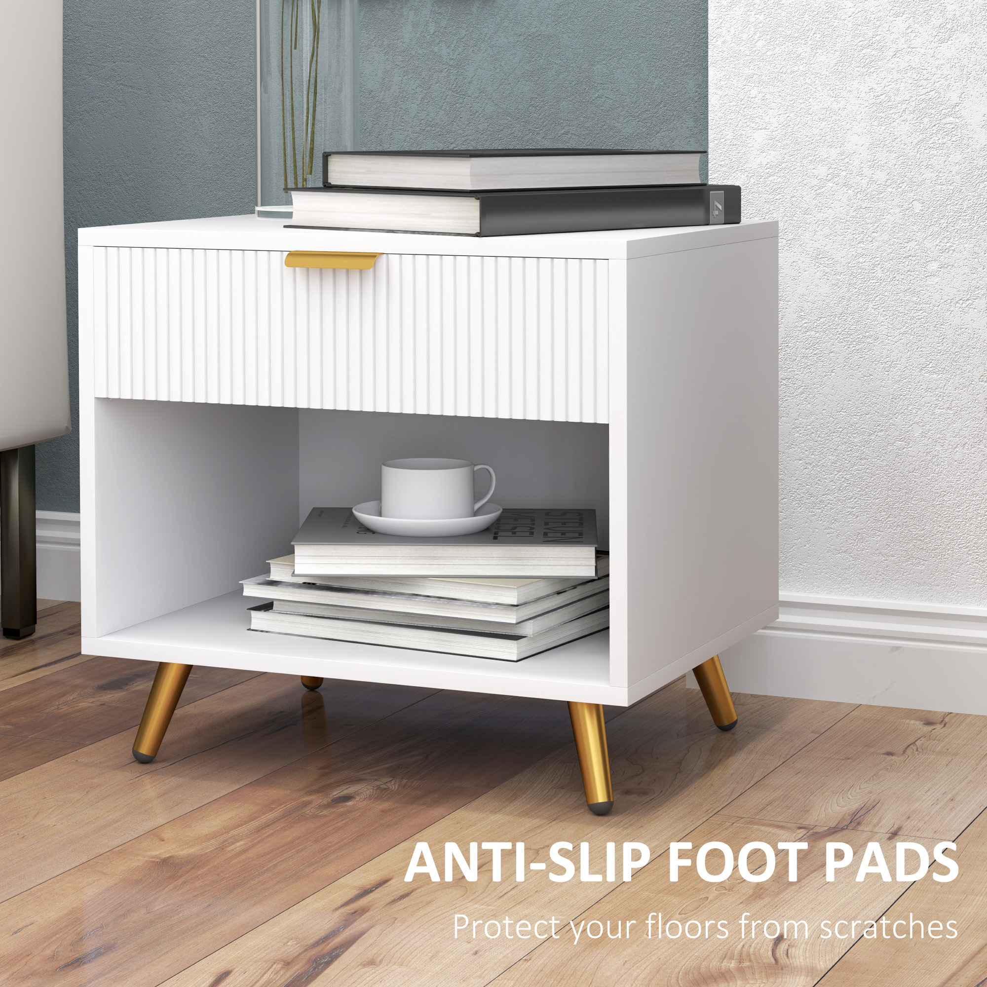 Elegant Bedside Table,with Drawer And Shelf-White/Gold Tone — image 5