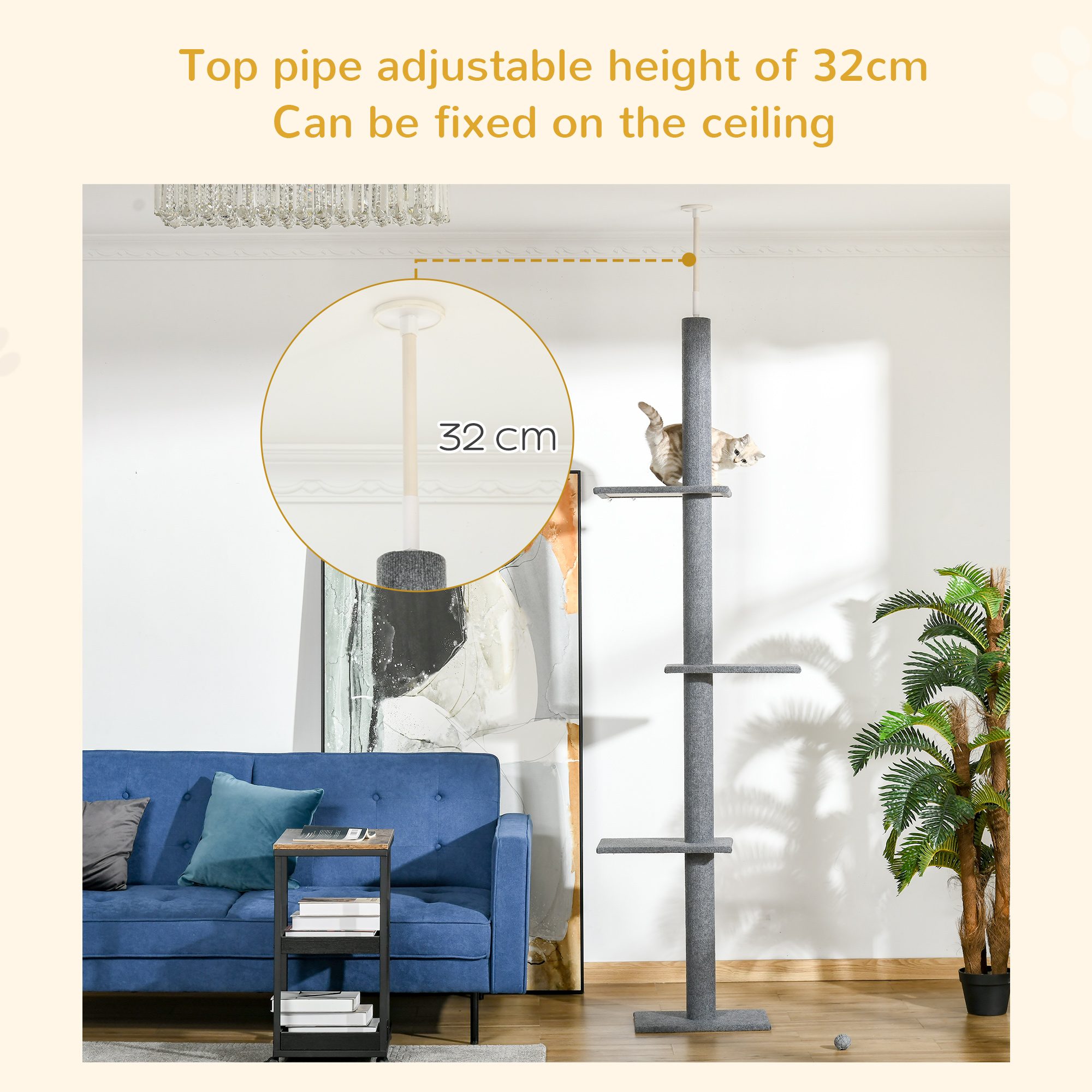 260cm Floor To Ceiling Cat Tree For Indoor Cats W/ Three Platforms Activity — image 5